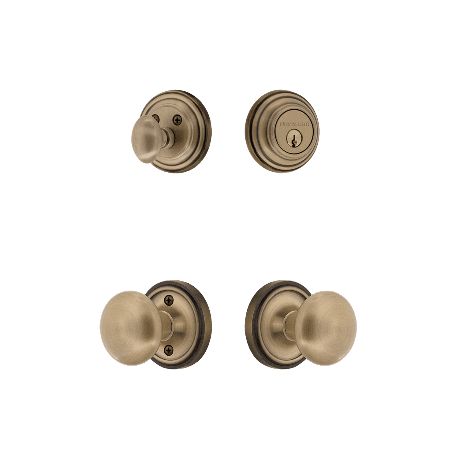 Vintage Rosette Entry Set with New York Knob in Antique Brass - Perfect for Traditional Home Doors & Interior Decor