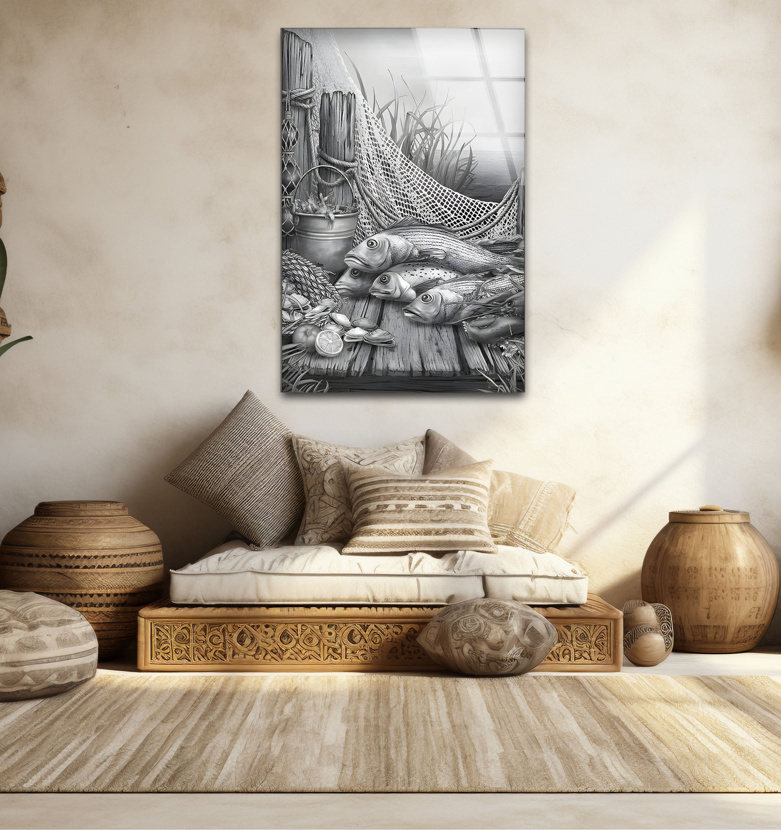 Black and White Fish Art Glass Wall Decor - Elegant Ocean-Themed Mural for Living Room, Bedroom & Office
