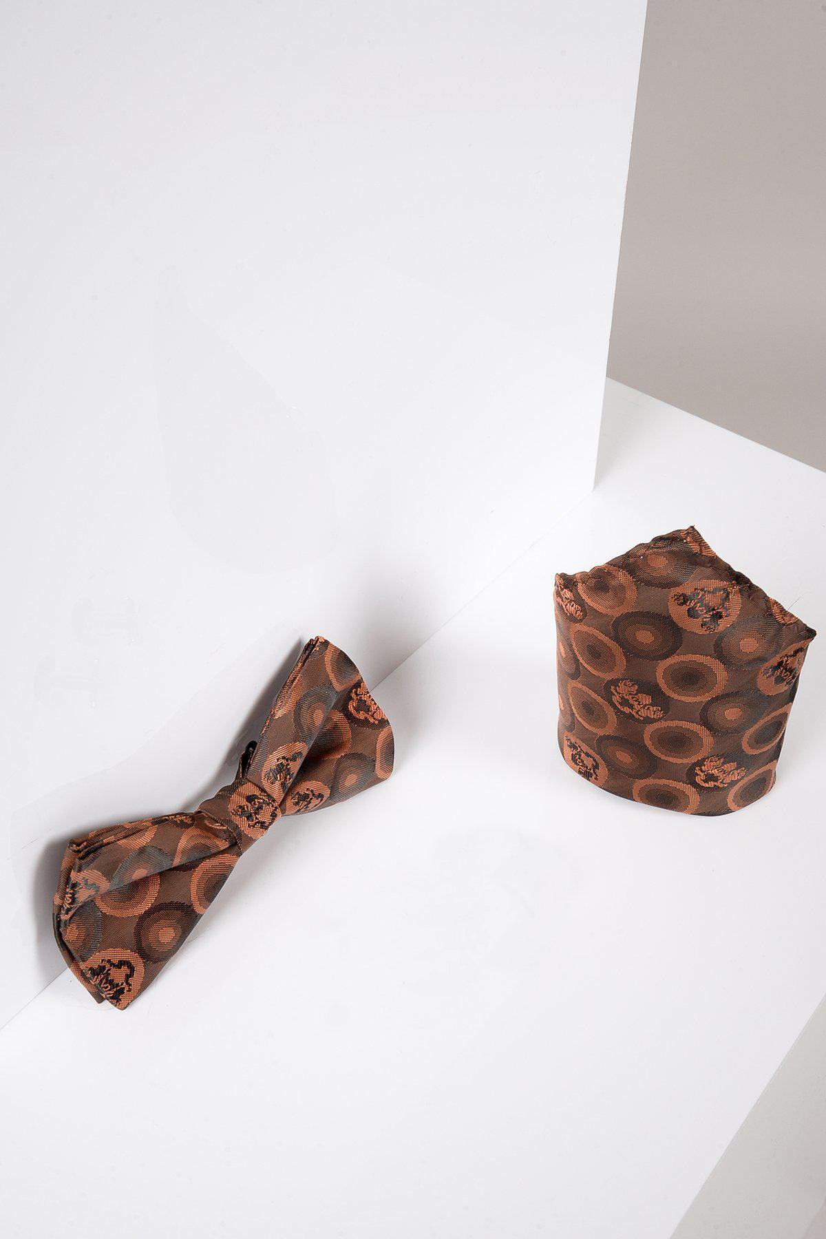 Orange Brown Bubble Circle Print Bow Tie and Pocket Square Set for Men - Stylish Formal Accessories for Weddings, Parties & Special Occasions