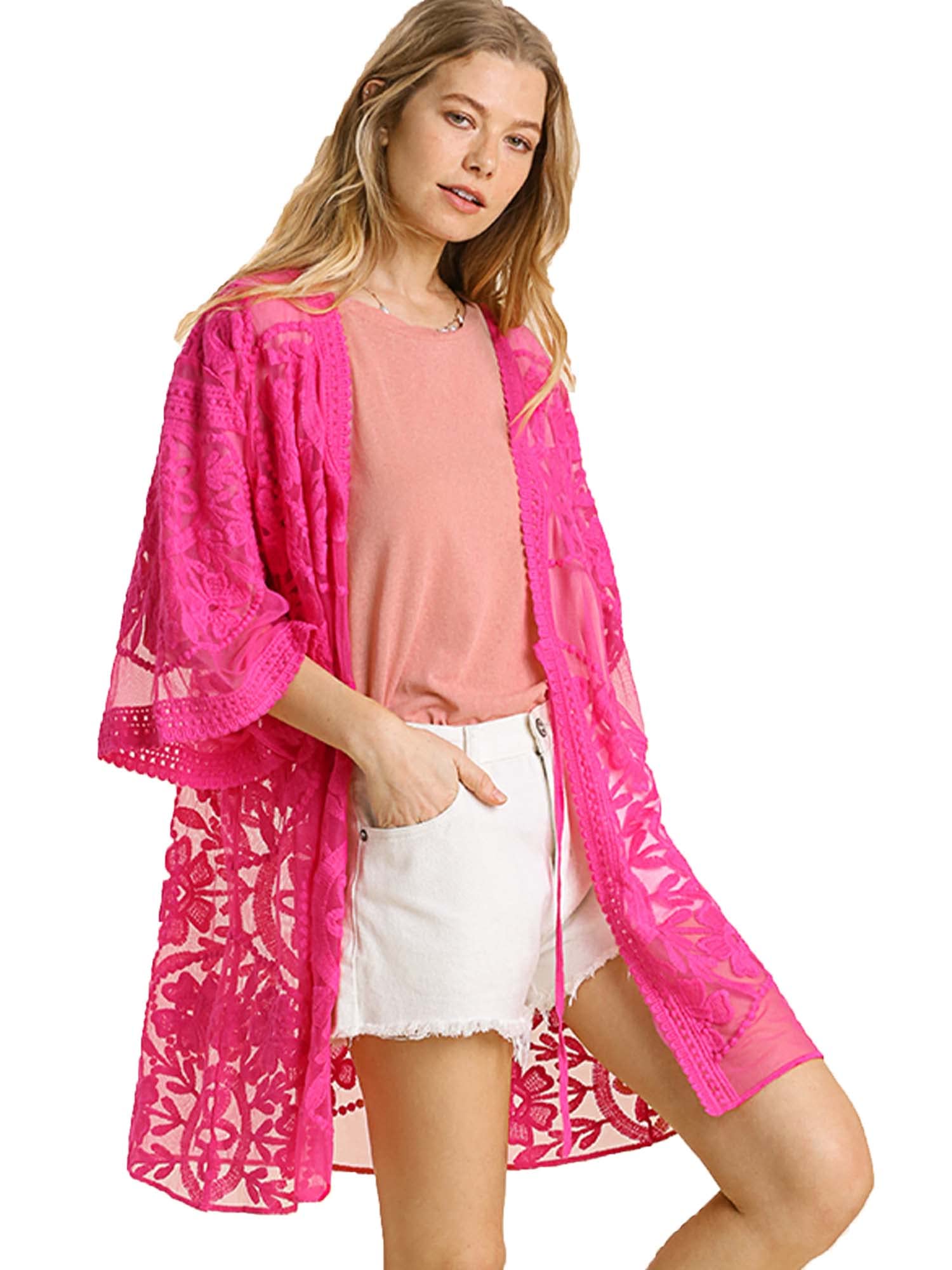 Umgee Women's Crochet Floral Lace Open Front Kimono Cardigan with Waist Tie - Perfect for Beach Cover Up, Summer Outfits & Boho Fashion