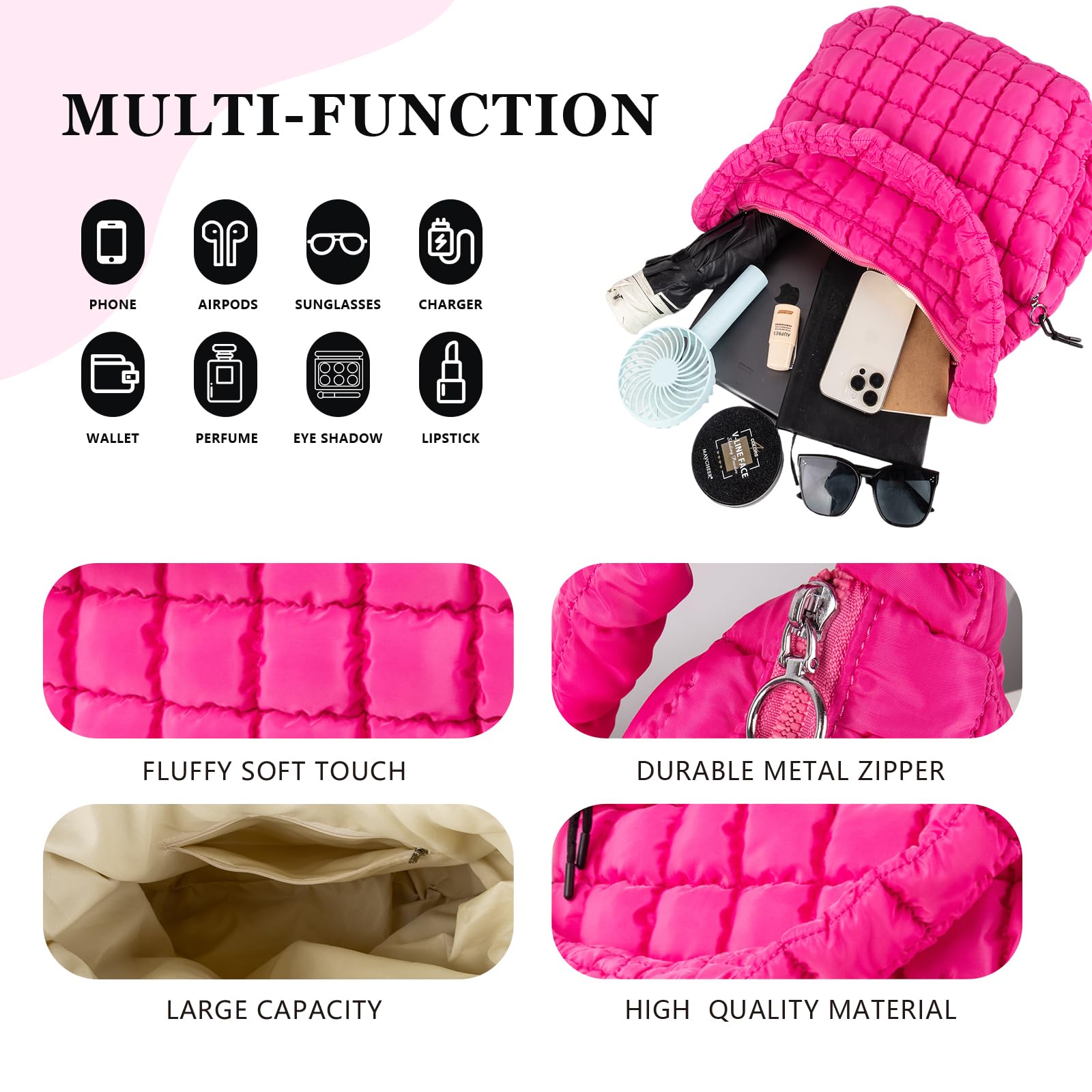 Quilted Puffer Tote Bag for Women - Large Crossbody Shoulder Bag with Zipper, Nylon Bubble Hobo Handbag Carryall | Perfect for Work, Travel, Shopping & Daily Use