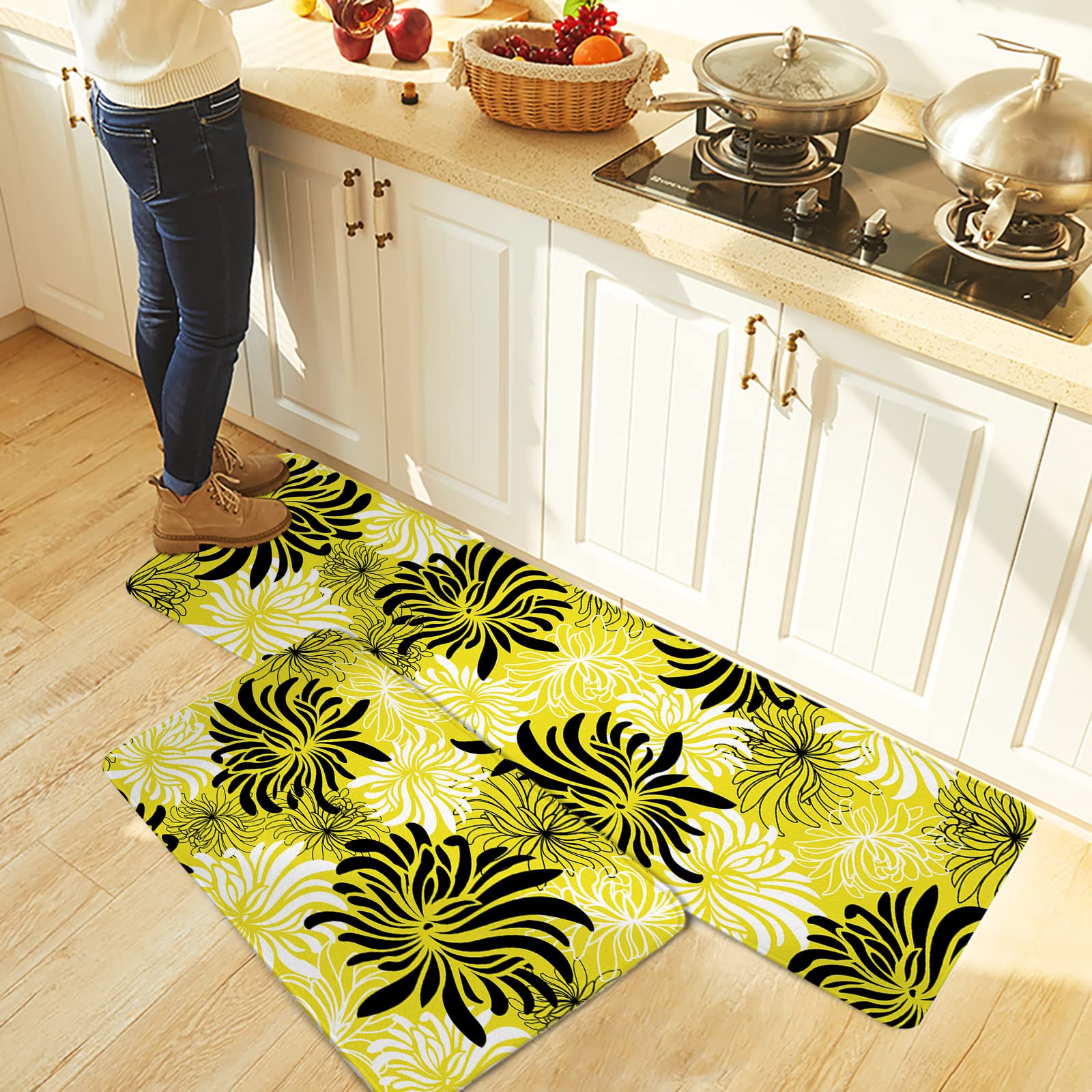 2-Pack Black & White Chrysanthemum Kitchen Rugs - Non-Slip Absorbent Floor Mats for Kitchen, Bathroom, Living Room & Laundry - Fall Decor Runner Set with Yellow Backdrop | Perfect for Home Decor, Holiday Gifts & Cozy Autumn Vibes