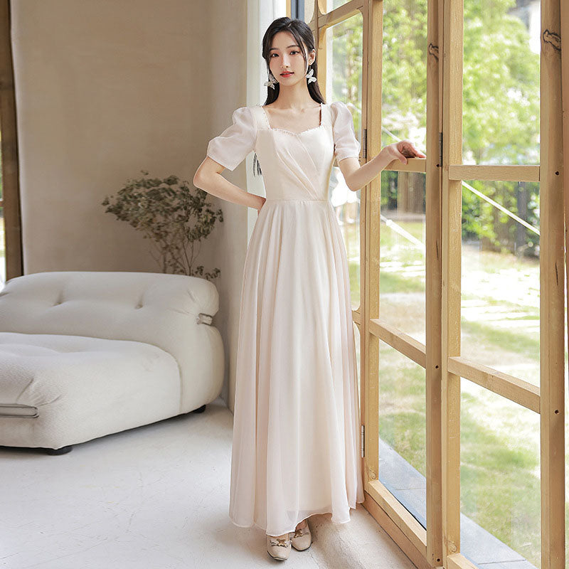 Elegant A-Line Champagne Bridesmaid Dress | Simple Long Prom Gown for Weddings & Formal Events | Perfect for Bridal Party, Evening Galas & Special Occasions