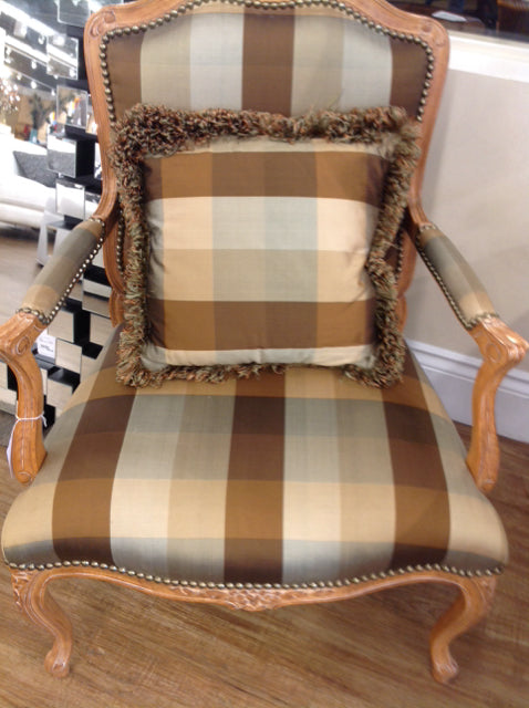 Elegant Ornate Light Wood Chair with Plaid Fabric - Perfect for Living Room, Bedroom, and Office Decor