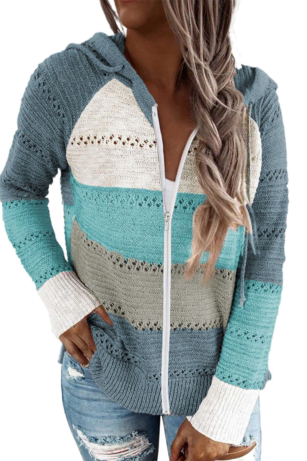 NEYOUQE Women's Long Sleeve Color Block Pullover Sweater - Striped Casual Hoodie Cardigan for Fall & Winter - Cozy Office Wear, Weekend Outfits, and Layering Essential