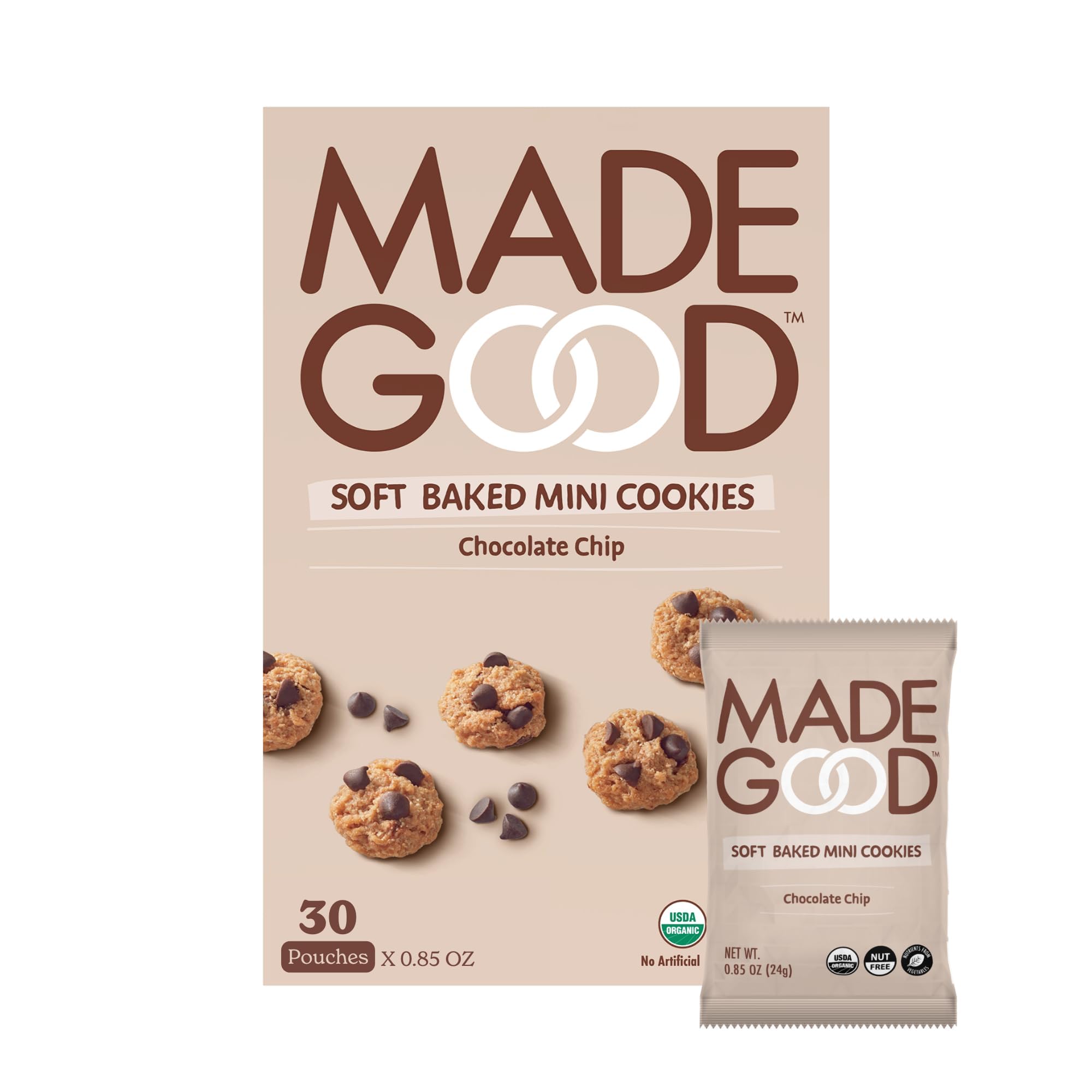 MadeGood Soft Baked Chocolate Chip Mini Cookies - Gluten Free, Vegan, School Safe Snacks (30 Count) | Perfect for Lunchboxes, After-School Treats & Allergy-Friendly Snacking