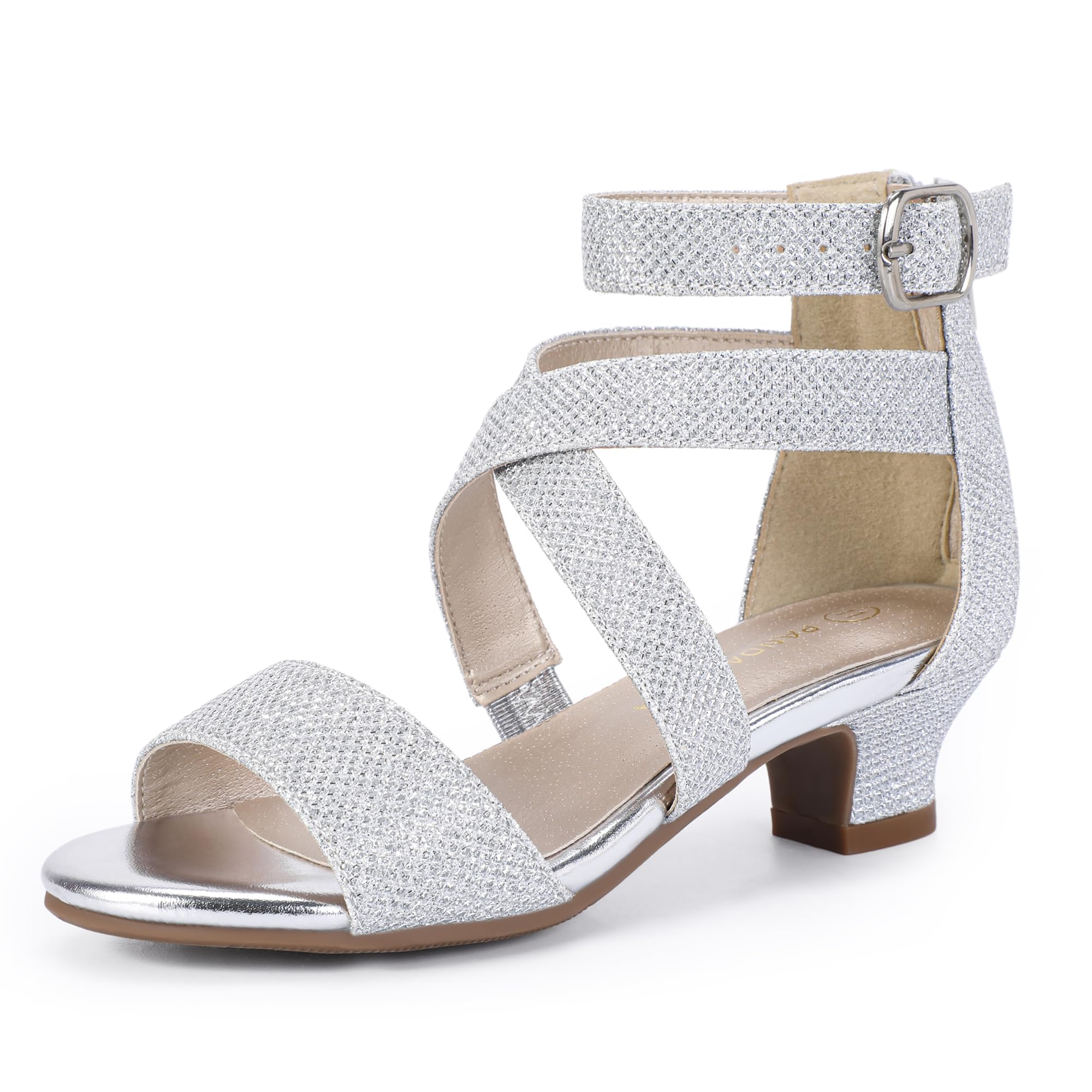 PANDANINJIA Jessie Girls Dress Sandals - Open Toe Rhinestone Low Heel Flower Girl Shoes for Toddler, Little Kid & Big Kid | Perfect for Weddings, Parties & Special Occasions