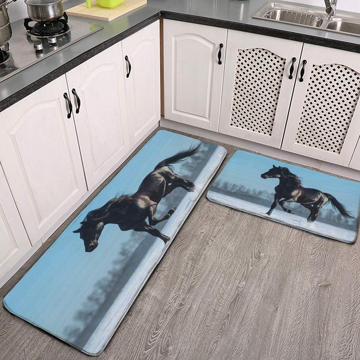 Anti-Fatigue Kitchen Mat Set - 2 Pack Black Horse Design for Sink & Standing Desk