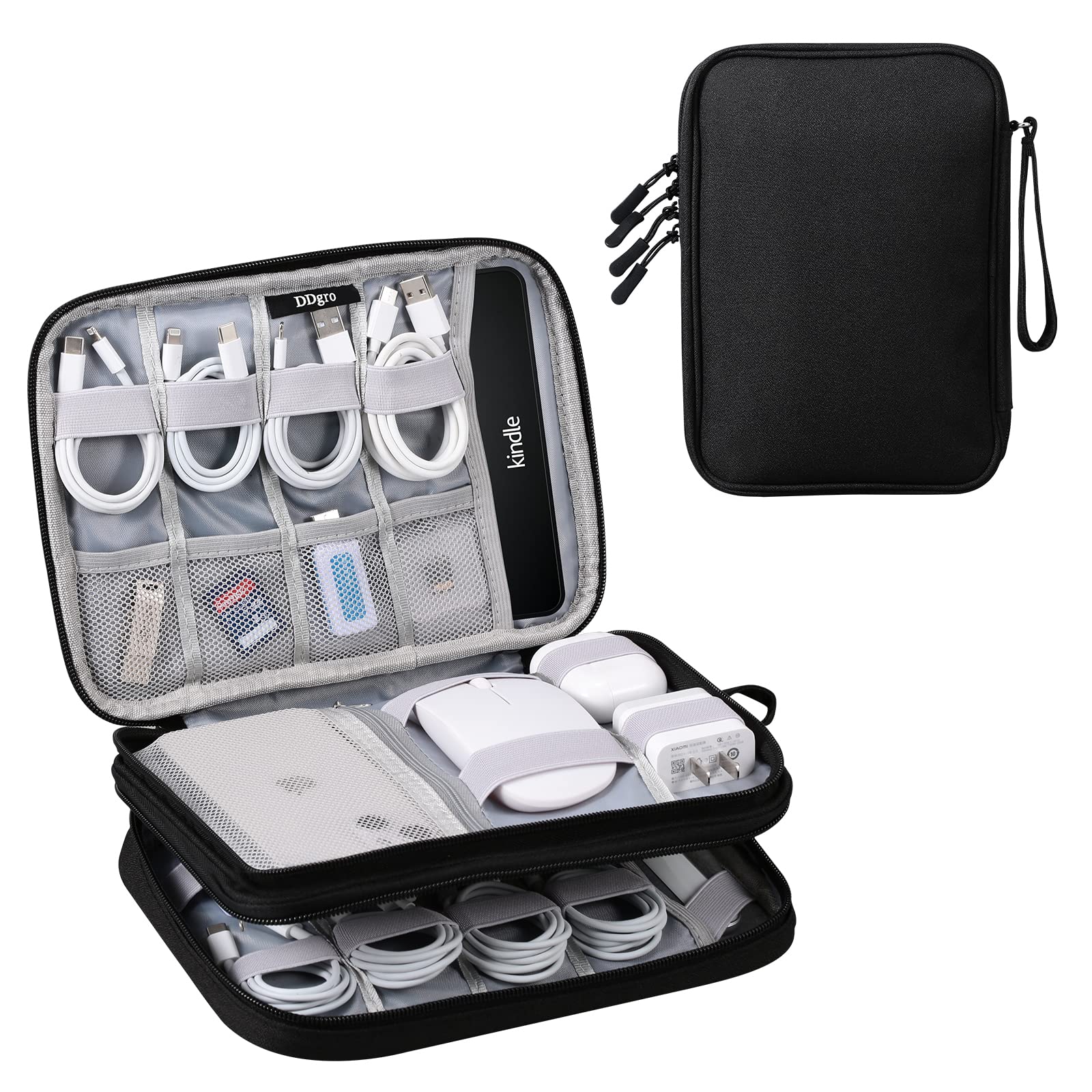 DDgro Large Black Travel Electronics Organizer Pouch - Waterproof Cable Storage Bag for Chargers, iPad Mini, Tech Gadgets & Airplane Accessories - Perfect for Business Trips, Commuting & Air Travel Organization