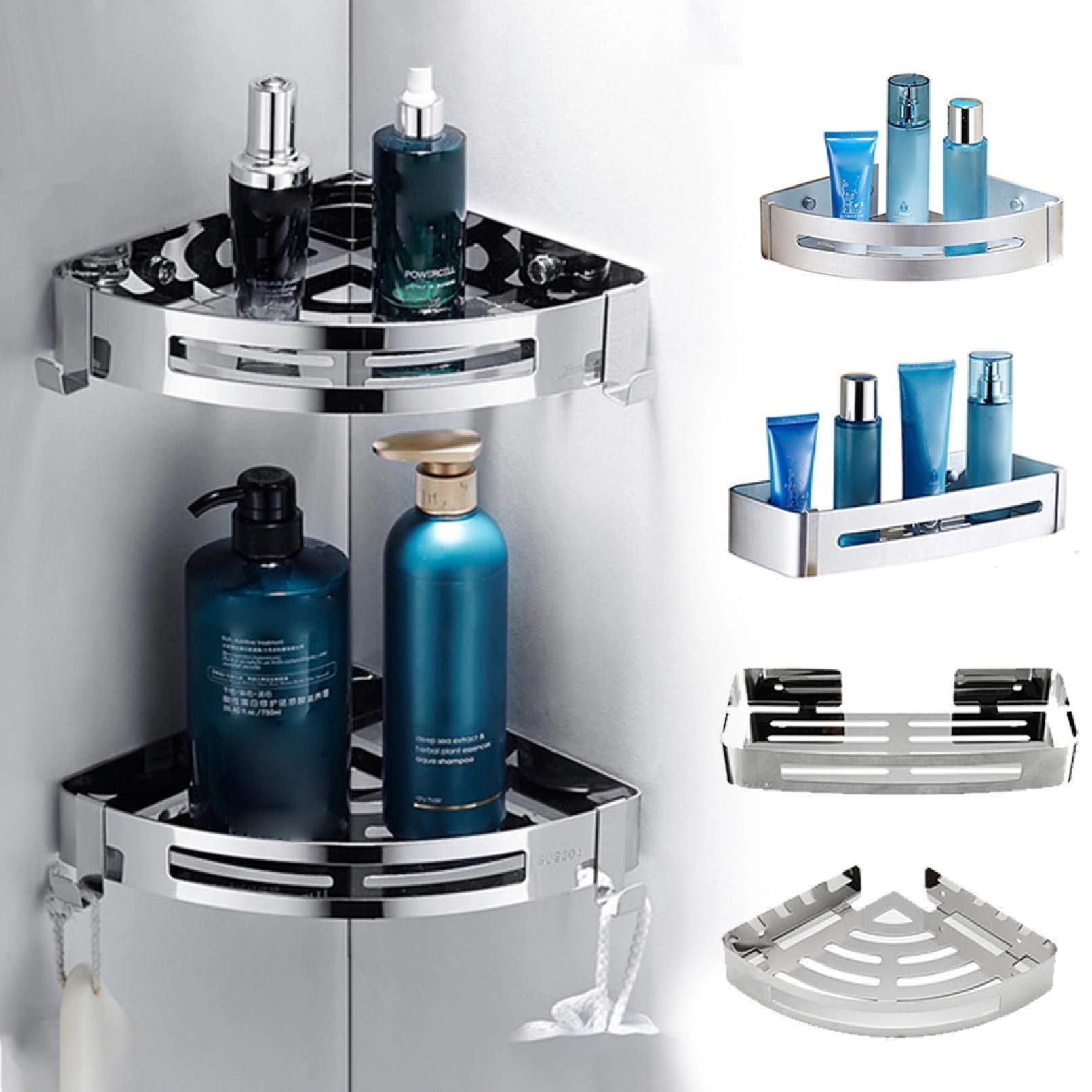 XJZKA Stainless Steel Wall-Mounted Bathroom & Shower Shelf Organizer - Space-Saving Corner Storage with Suction Cups & Hooks - Perfect for Bathroom, Shower, Kitchen Organization