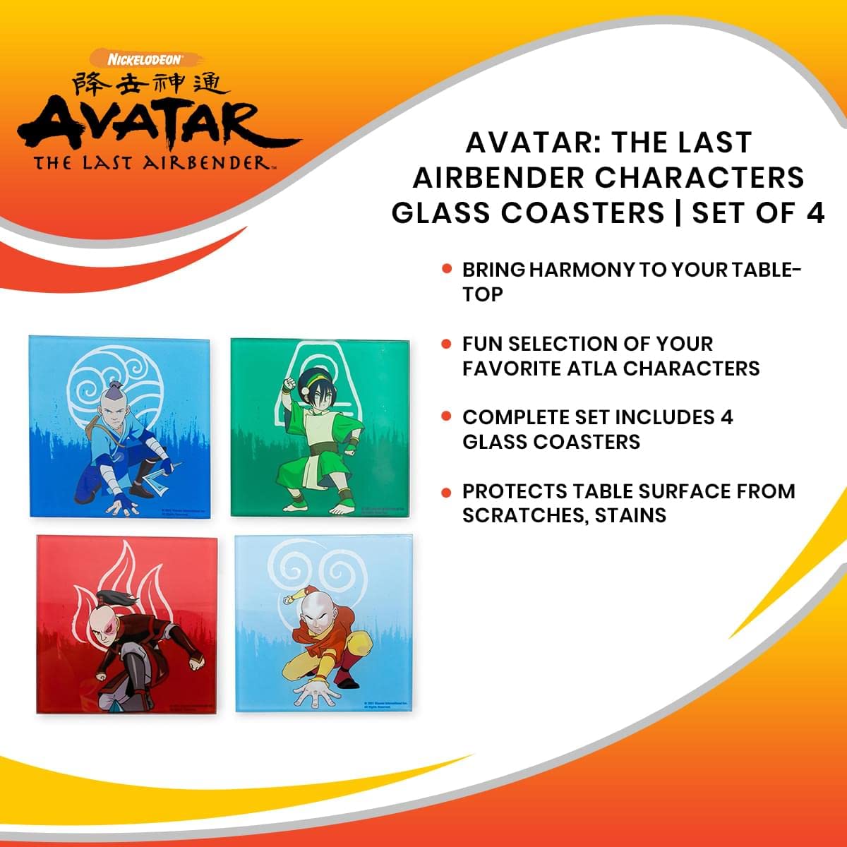 Avatar Airbender Glass Coasters Set of 4 - Anime Table Decor for Home & Bar