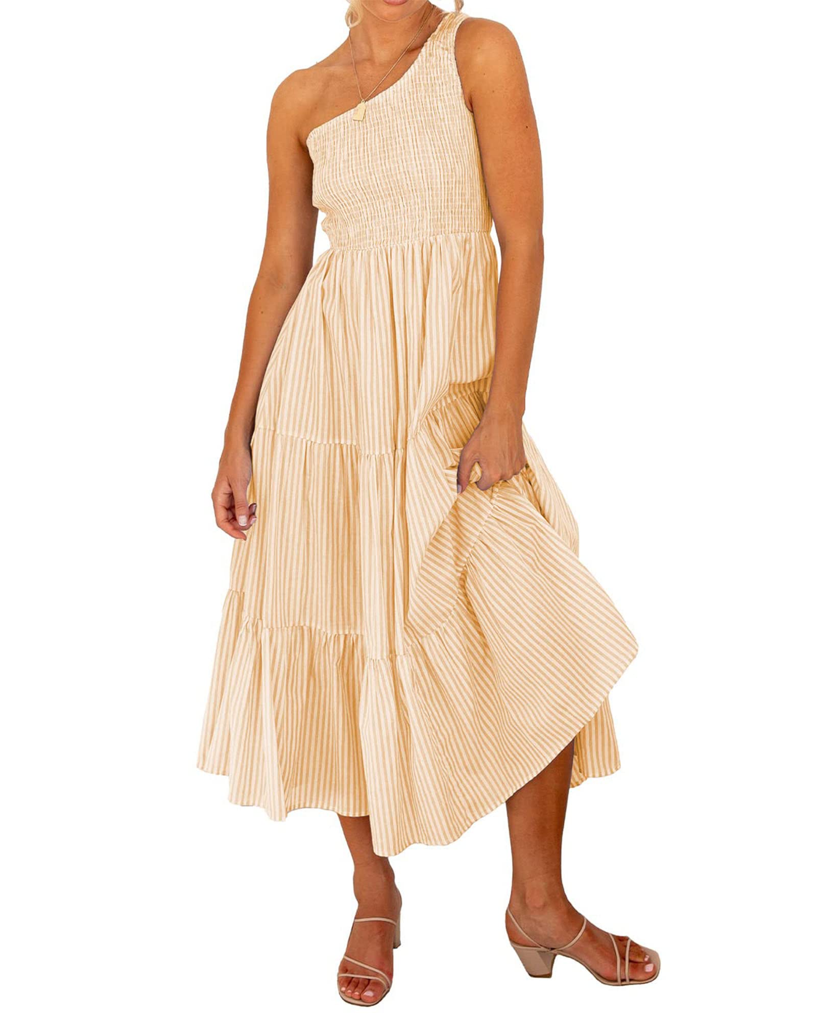 BTFBM Women's One Shoulder Floral Maxi Dress - 2025 Summer Boho Beach Dress, Casual Sleeveless High Waist Smocked Flowy Dress for Vacations, Parties & Date Nights