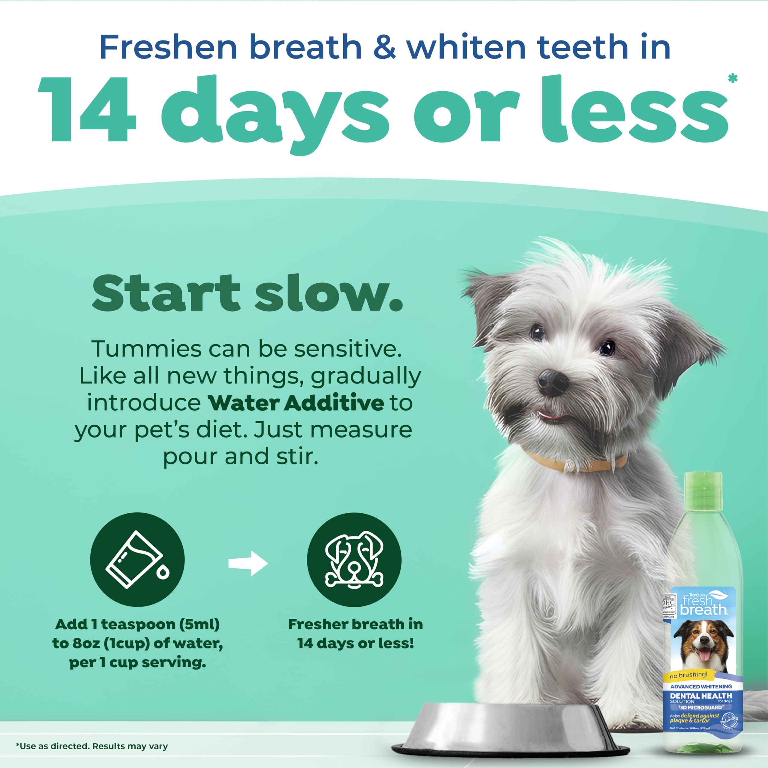 TropiClean Fresh Breath Advanced Whitening Water Additive for Dogs - Dog Dental Care Solution with 3D MICROGUARD Technology | 16oz Bottle | Helps Freshen Breath & Whiten Teeth | Perfect for Daily Oral Hygiene & Water Bowl Use