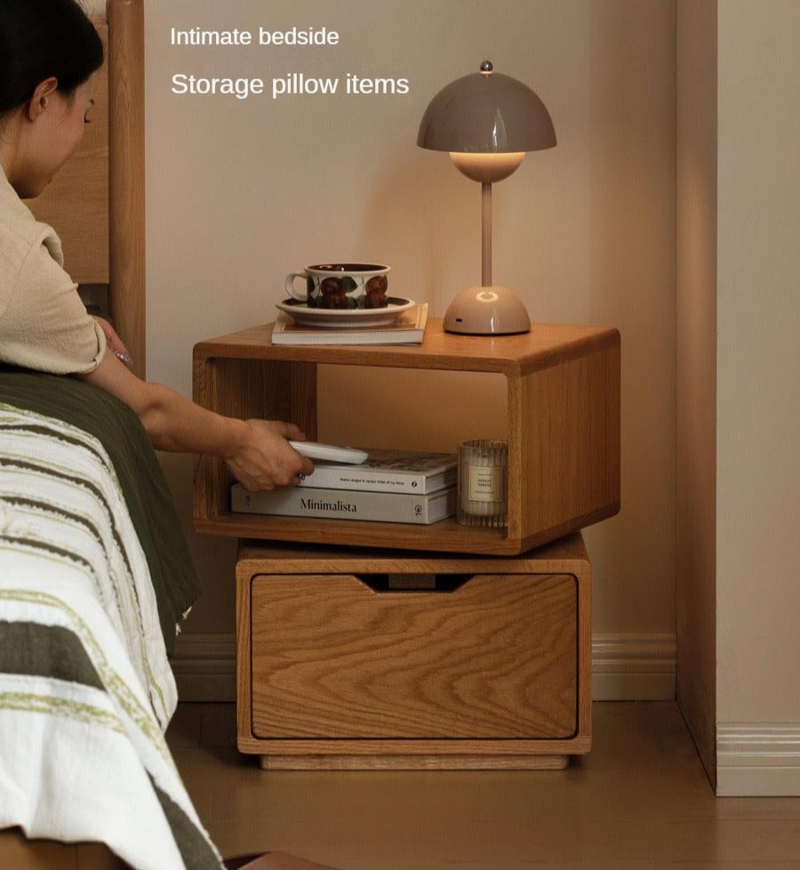 Rotating Oak Solid Wood Side Table Nightstand - Modern Bedroom Furniture for Small Spaces, Living Room, Office & Dorm