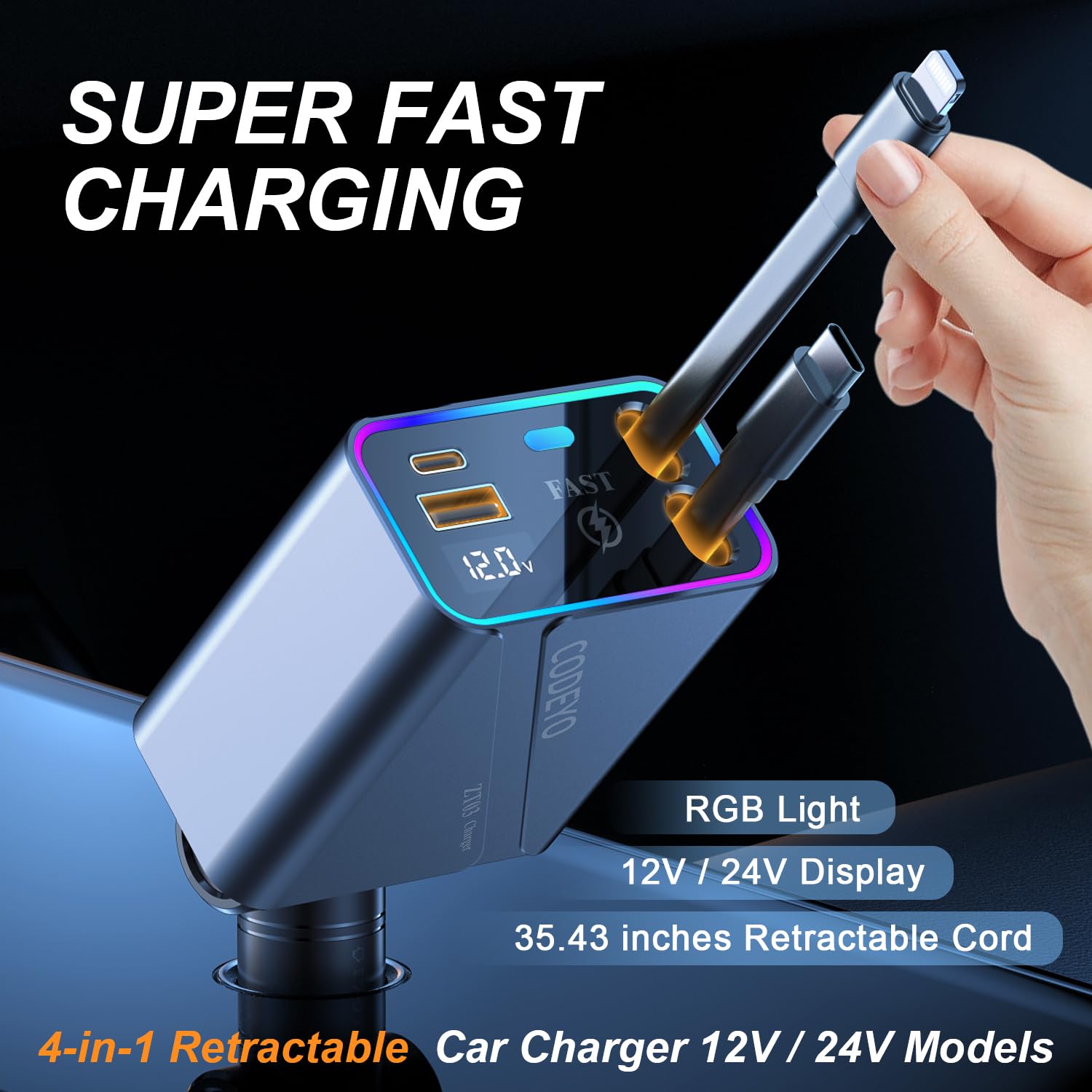 146W 4-in-1 Retractable Fast Car Charger with RGB Light & 2.9ft Cord - PD 65W & 30W USB-C Car Charger for iPhone 16/15/14/13/12, Android, Laptop (Gray) - Perfect for Road Trips, Commuting & Multi-Device Charging On-The-Go