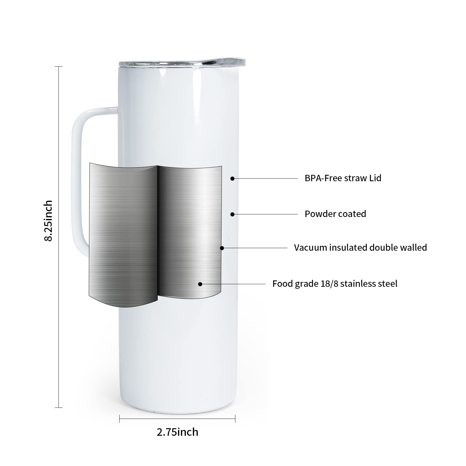 AGH 20oz Sublimation Tumblers with Handle - 30 Pack Double Wall Vacuum Insulated Skinny Blanks for Hot & Cold Drinks - Includes Lids & Straws - Perfect for Travel, Office, Gym & Outdoor Activities - Ships from USA
