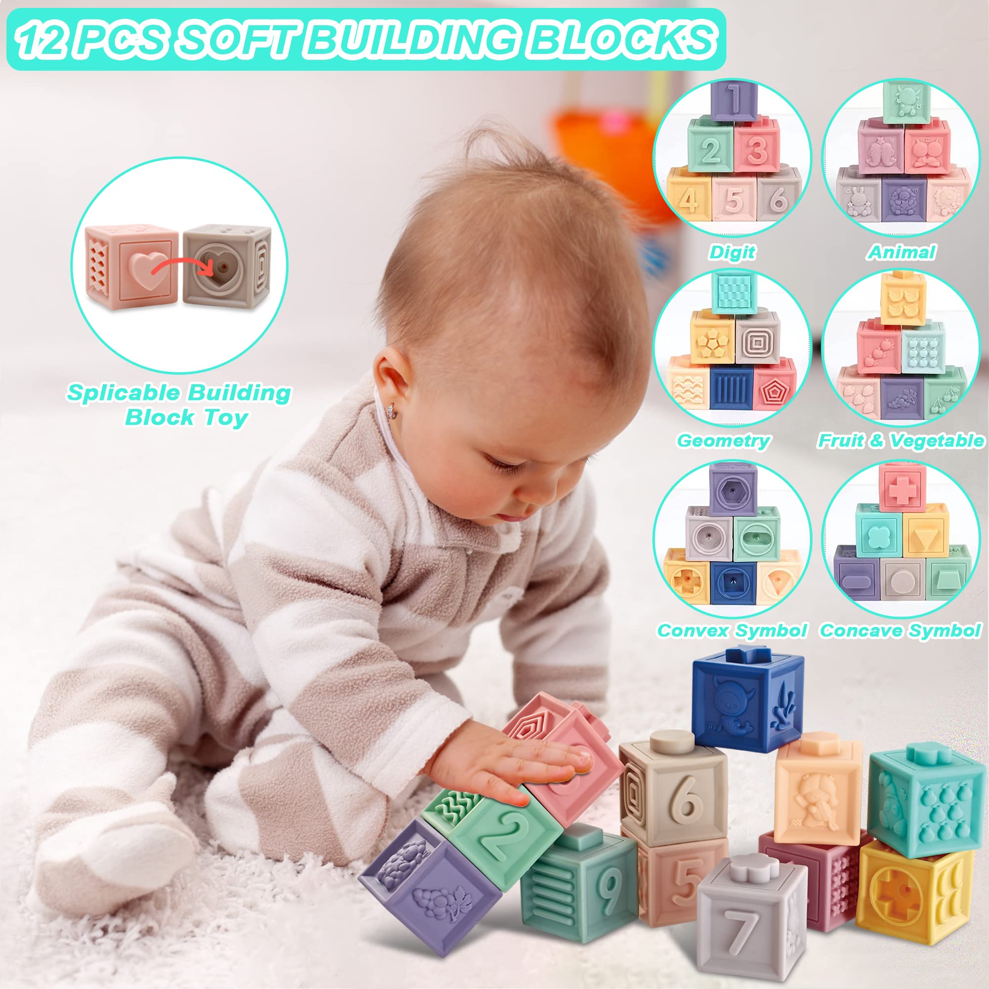 3-in-1 Baby Toys for 6-12 Months | Sensory Building Blocks, Stacking Teething Toys & Pull String Toddler Toys (19PCS) | Bath & Learning Playtime for Infants