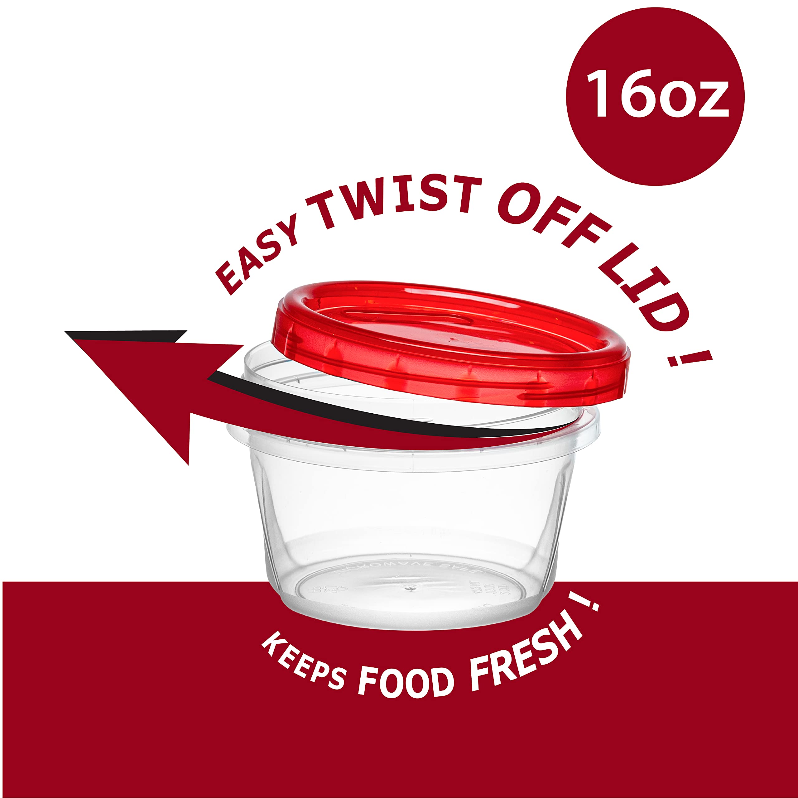 16oz (20 Pack) Clear Bottom Red Top Twist Cap Food Storage Containers with Screw-On Lids - Perfect for Freezer, Meal Prep & Leftovers Storage