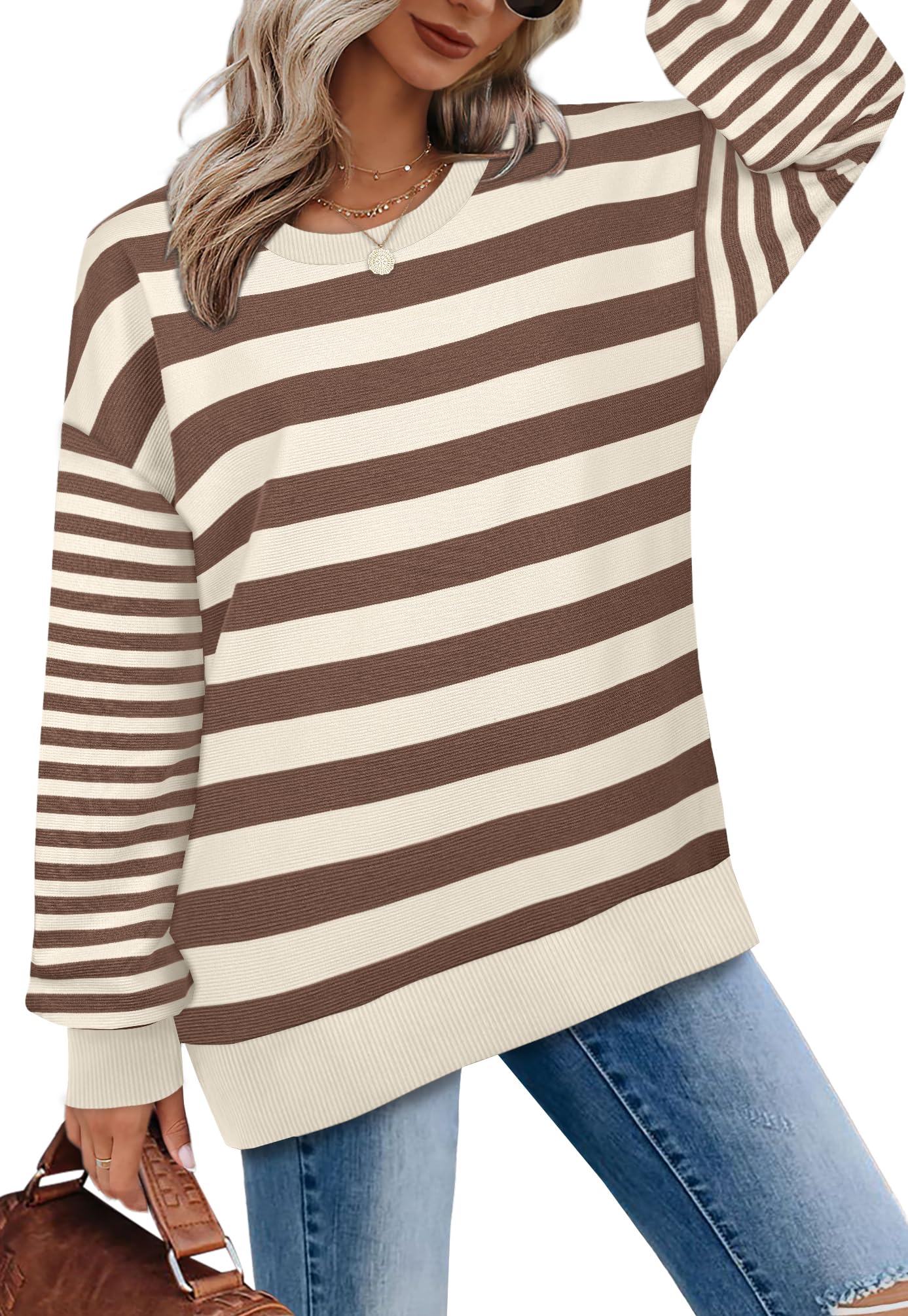 WIHOLL Women's Striped Sweaters - Loose Fit Crewneck Long Sleeve Pullover | Casual Fall Fashion Tops for Women | Perfect for Autumn Outfits, Weekend Wear & Layering in Cool Weather