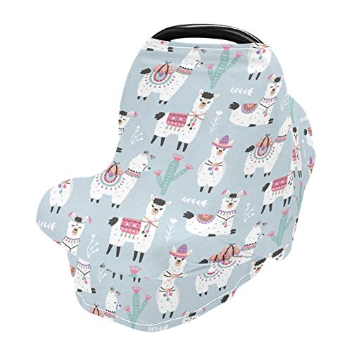 Stretchy Baby Car Seat Cover for Boys & Girls - Soft Cartoon Llama Alpaca Design - Infant Car Canopy & Nursing Cover - Perfect for Breastfeeding, Stroller & Travel Use