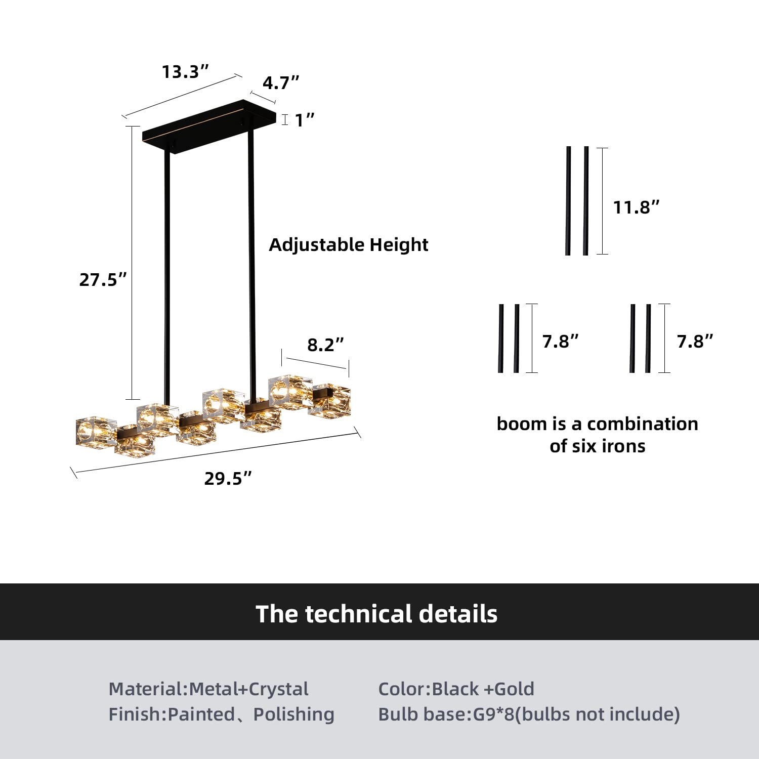 Modern Black Crystal Chandelier with 8 Lights - Cube Pendant Lighting Fixture for Dining Room, Kitchen Island, Bedroom & Living Room | Elegant Ceiling Lamp for Home Decor, Wedding Venues and Restaurants