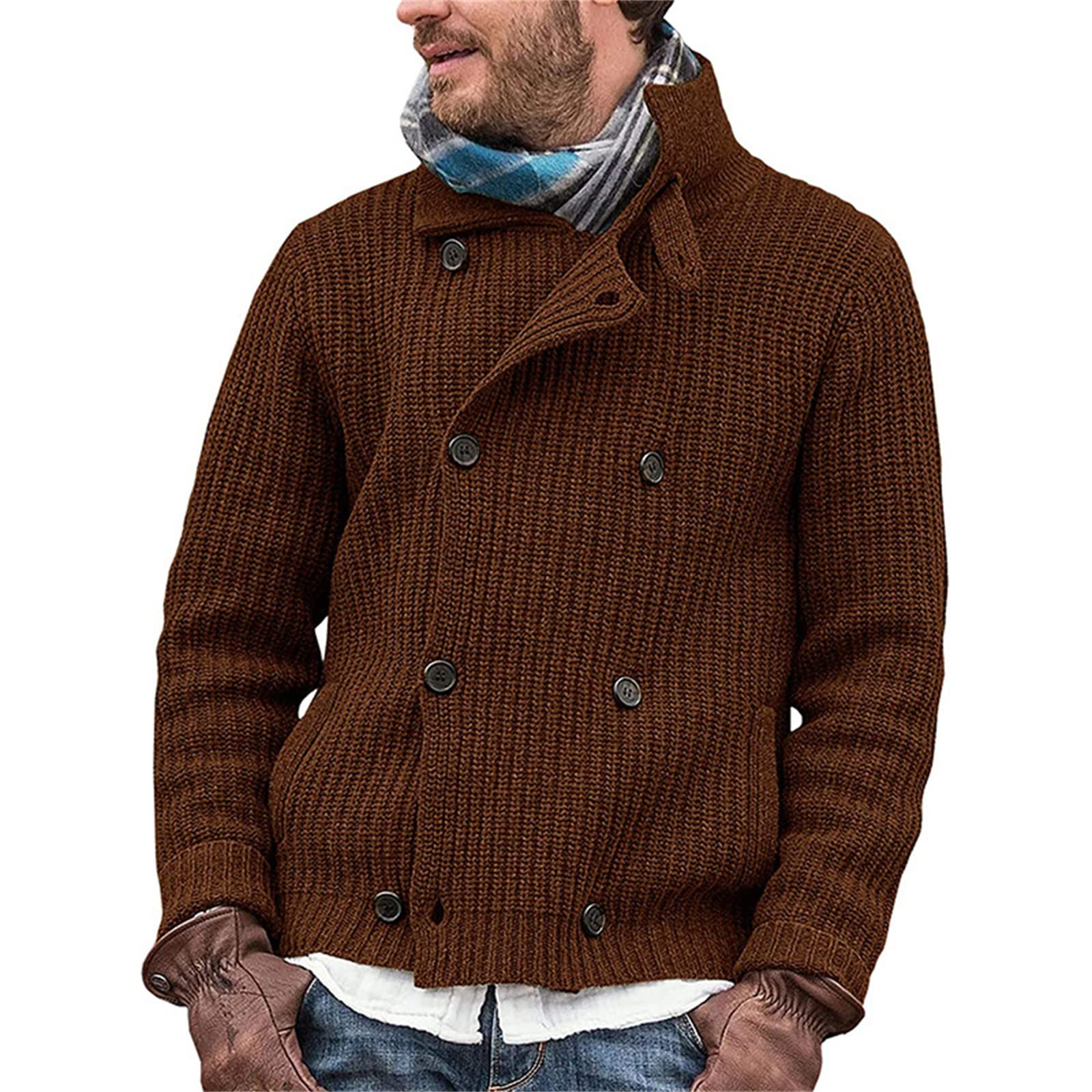 Men's Double Breasted Sweater Cardigan - Stand Collar Waffle Knit Chunky Jacket Coat for Winter Warmth | Office, Casual & Date Night Outfits