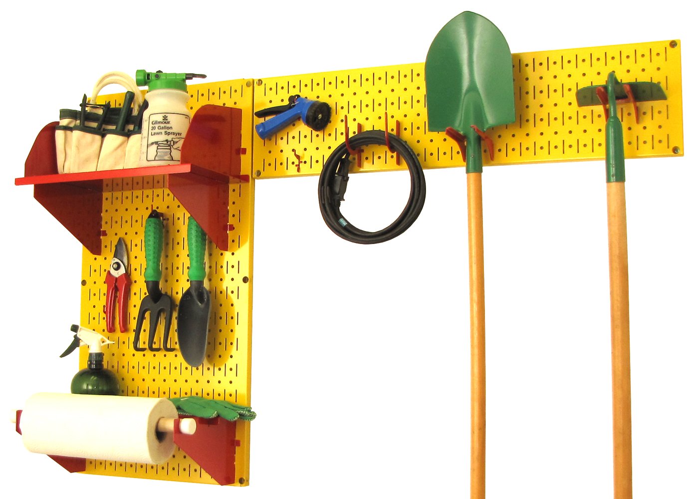Wall Control Pegboard Garden Tool Organizer Kit - Yellow Pegboard with Red Hooks for Storage & Organization - Perfect for Garage, Shed, and Workshop Tool Organization