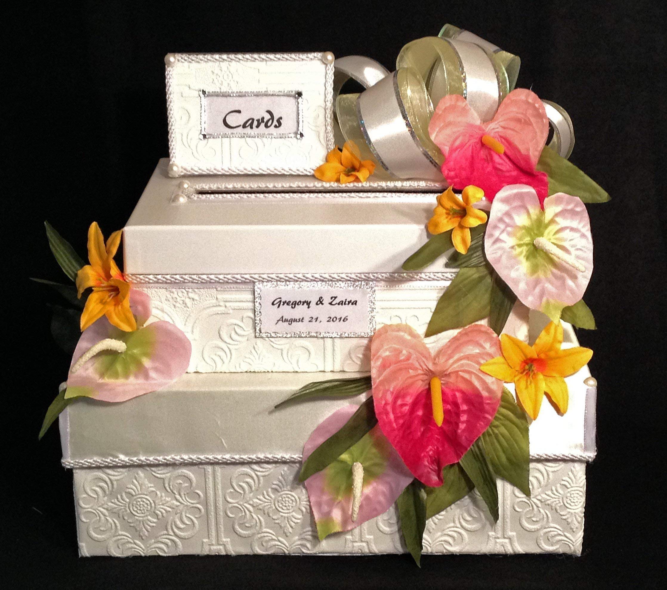 Handmade Two-Tier Wedding Card Box with Multi-Colored Tropical Flowers - Perfect for Weddings, Sweet 16, Quinceañeras & Special Events