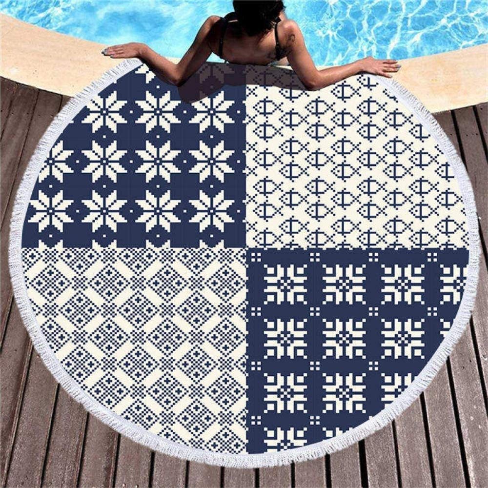 **Thick Round Beach Towel - Blue & White Symmetrical Pattern with Tassels, Quick-Dry & Compressed for Travel, Yoga, Pool, Shower & Home Use**