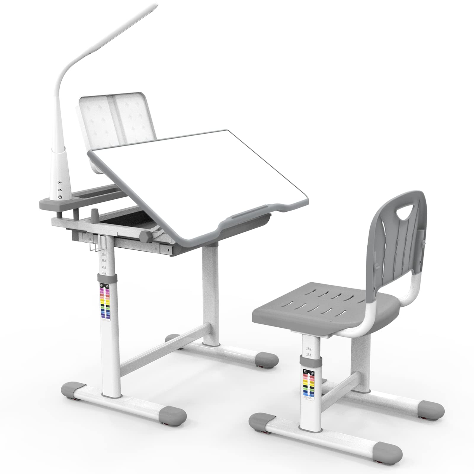 BELANITAS Adjustable Kids Desk and Chair Set with 40° Tiltable Tabletop & LED Light - Ergonomic Study Desk for Children Ages 3-12 - Perfect for Homework, Drawing & Online Learning (Grey)