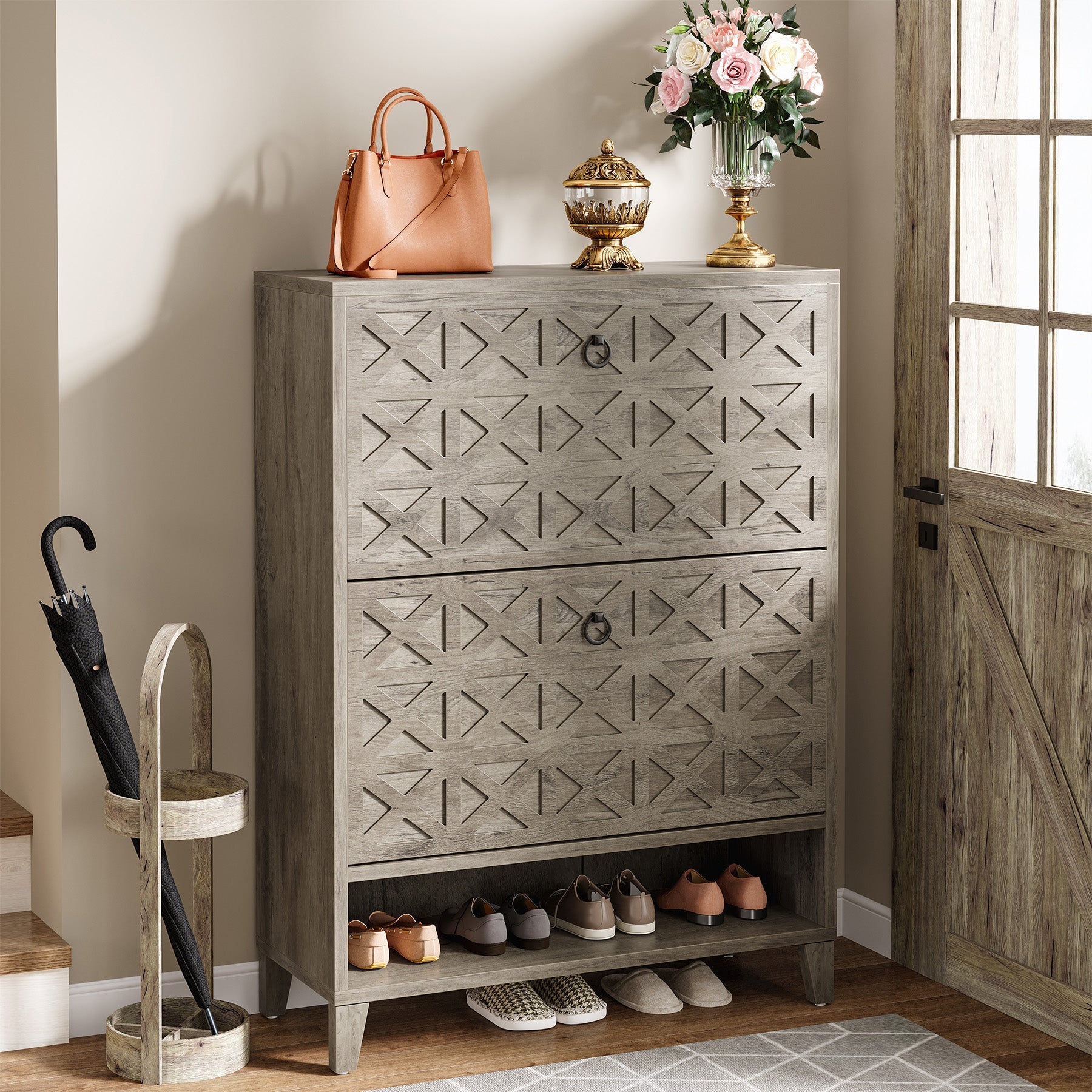 Wooden Shoe Cabinet with 2 Flip-Down Doors - Space Saving Shoe Storage Organizer for Entryway, Closet or Bedroom - Perfect for Organizing Shoes, Boots and Accessories