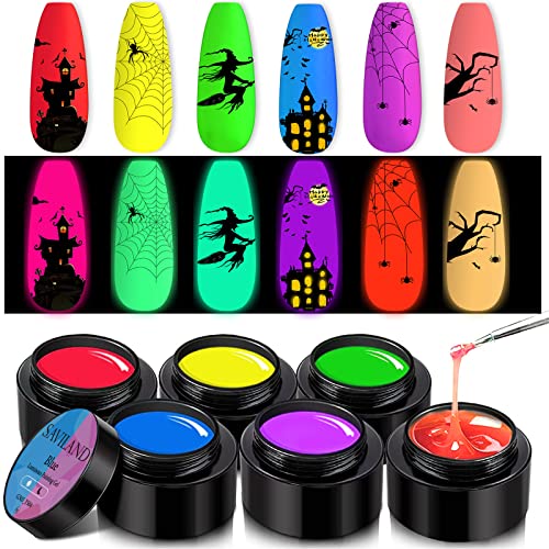 Saviland 6 Colors Neon Gel Nail Polish Set - Glow in The Dark UV/LED Soak Off Gel Paint for Nail Art, Manicure & Pedicure | Perfect for Nail Salon, Home DIY & Party Nail Designs