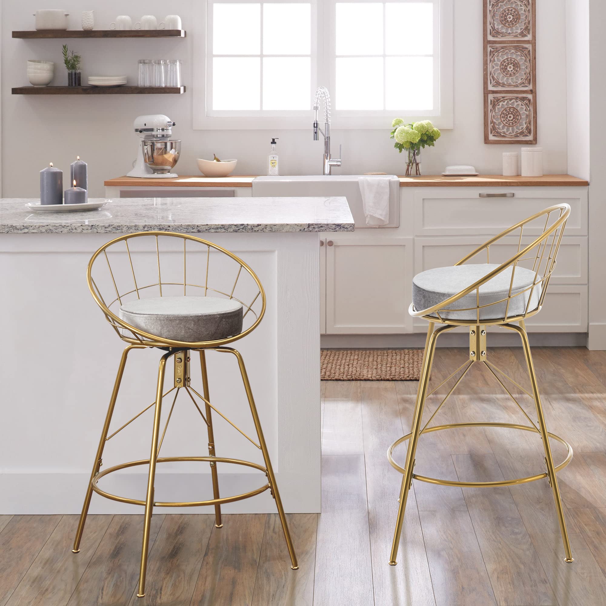 ALISH 24 Inch Swivel Counter Height Bar Stools with Back - Set of 2 Kitchen Bar Chairs (Gold Frame with Gray Cushion) for Dining Room, Kitchen Island & Home Bar Decor