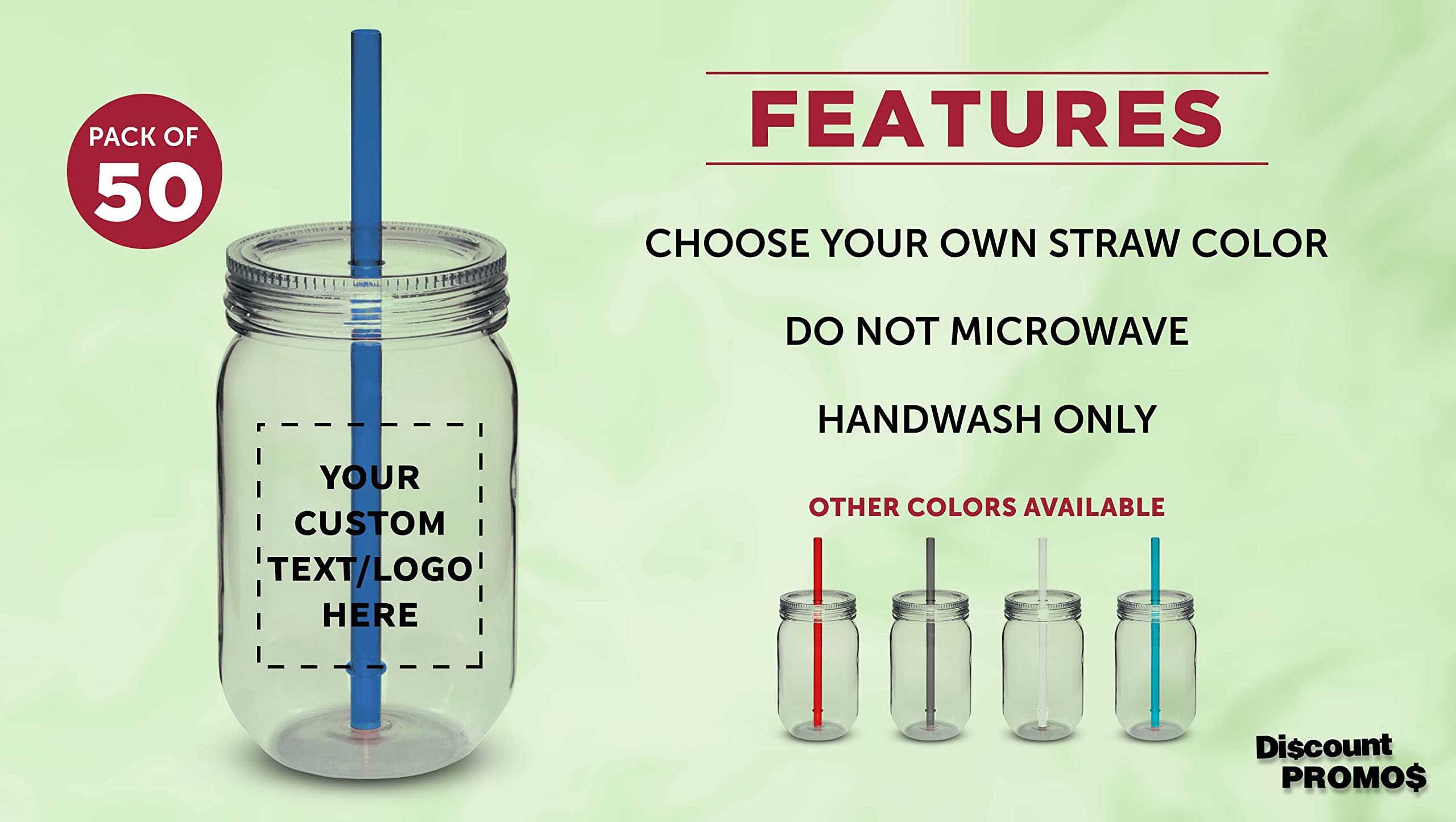 Custom 24 oz Plastic Mason Jars with Straws - Bulk Pack of 50 Personalized Jars for Overnight Oats, Candies, Pickles & Beverages | Perfect for Meal Prep, Party Favors & DIY Storage - Blue