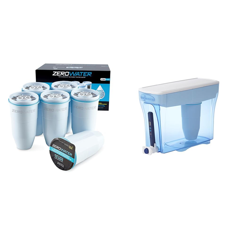 ZeroWater Official Replacement Filter (6-Pack) & 23-Cup 5-Stage Water Filtration System - BPA Free for Clean Drinking Water at Home, Office, or Travel