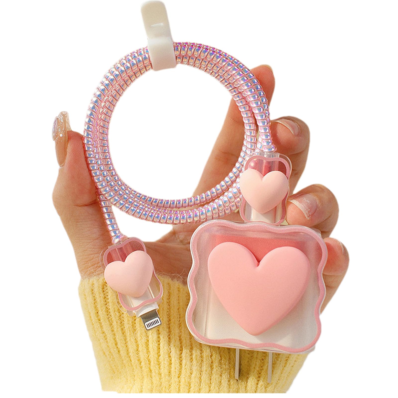 5-in-1 DIY Cable Protector & Wire Saver - 18W/20W USB-C Charger Case Cord Organizer Compatible with iPhone 11/12/13/14/15 Pro Max (Pink Love) - Perfect for Home, Office & Travel Charging Protection