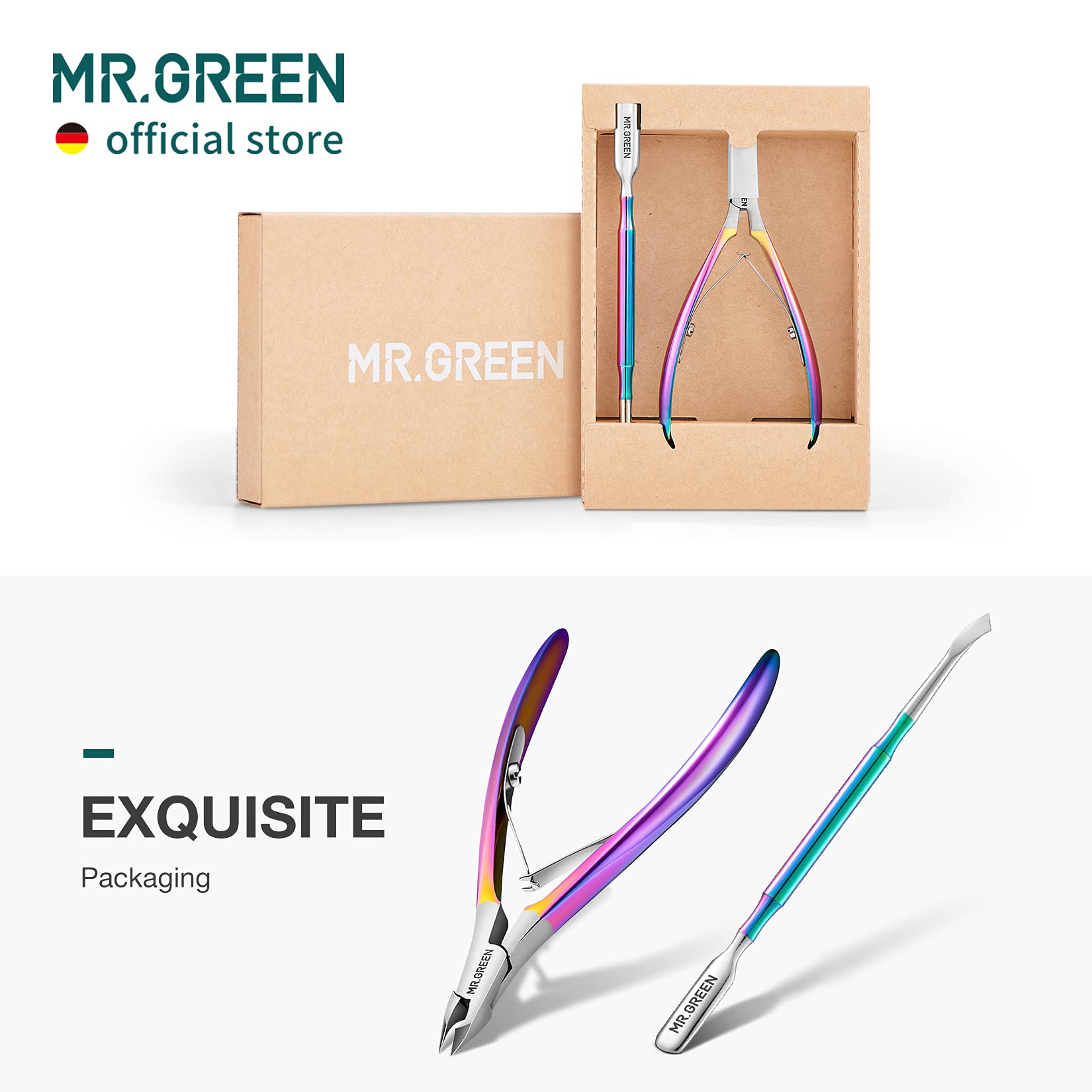 Premium MR.GREEN Cuticle Nippers & Pusher Set - Professional Stainless Steel Nail Clippers for Manicure, Dead Skin & Hangnail Removal - Beauty Tools for Home & Salon Use (Colorful Titanium Coating) - Perfect for DIY Nail Care & Professional Grooming