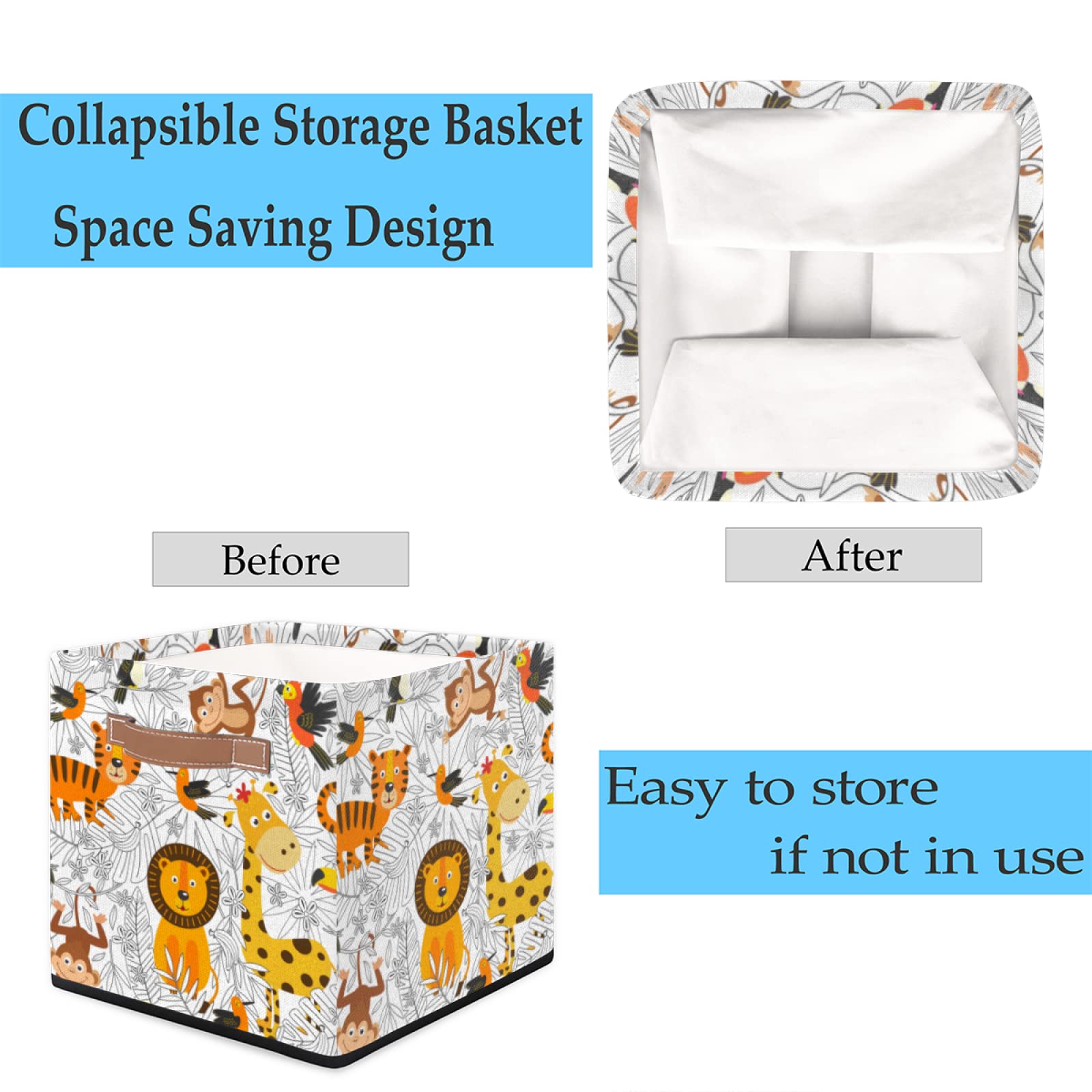 Cute Animal Storage Cube Bin - Giraffe, Lion, Monkey Design - 13×13 Inch Large Collapsible Fabric Storage Basket with Handles - Perfect for Closet Organization, Nursery Toy Storage, Shelves & Home Decor