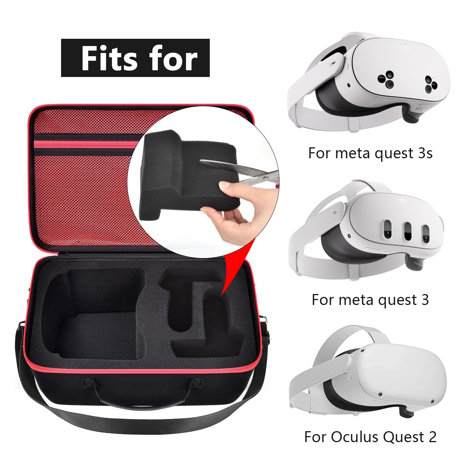 Meta Quest 3/3S & Oculus Quest 2 VR Headset Travel Case - Protective Hard Shell Storage Bag with Silicone Face Cover, Lens Protector & Accessories (Red Zipper) - Perfect for Gaming, Travel & VR Equipment Protection