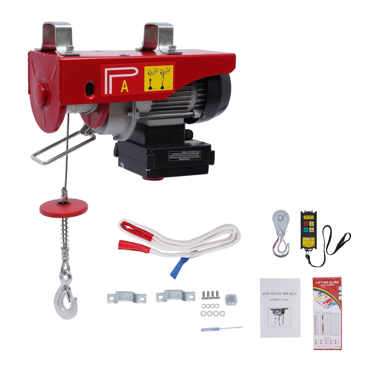 440lbs Electric Hoist Winch with Wireless Remote - 110V Steel Lift for Garage, Attic & Warehouse - Single/Double Slings for Heavy Duty Lifting in Factories, Construction & Home Use