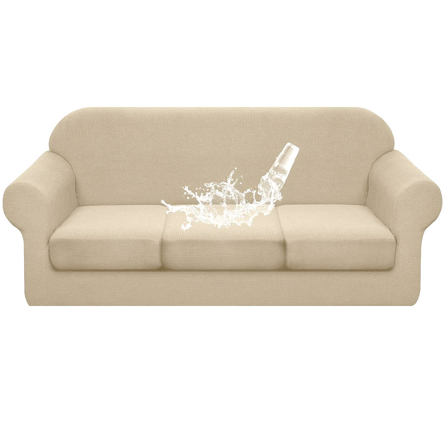 ZYXFYY Waterproof 4-Seater Sofa Cover Set - 3-Piece Pure Color Couch Slipcovers, Furniture Protector in Natural Shade | Perfect for Living Room, Family Room & Pet-Friendly Homes