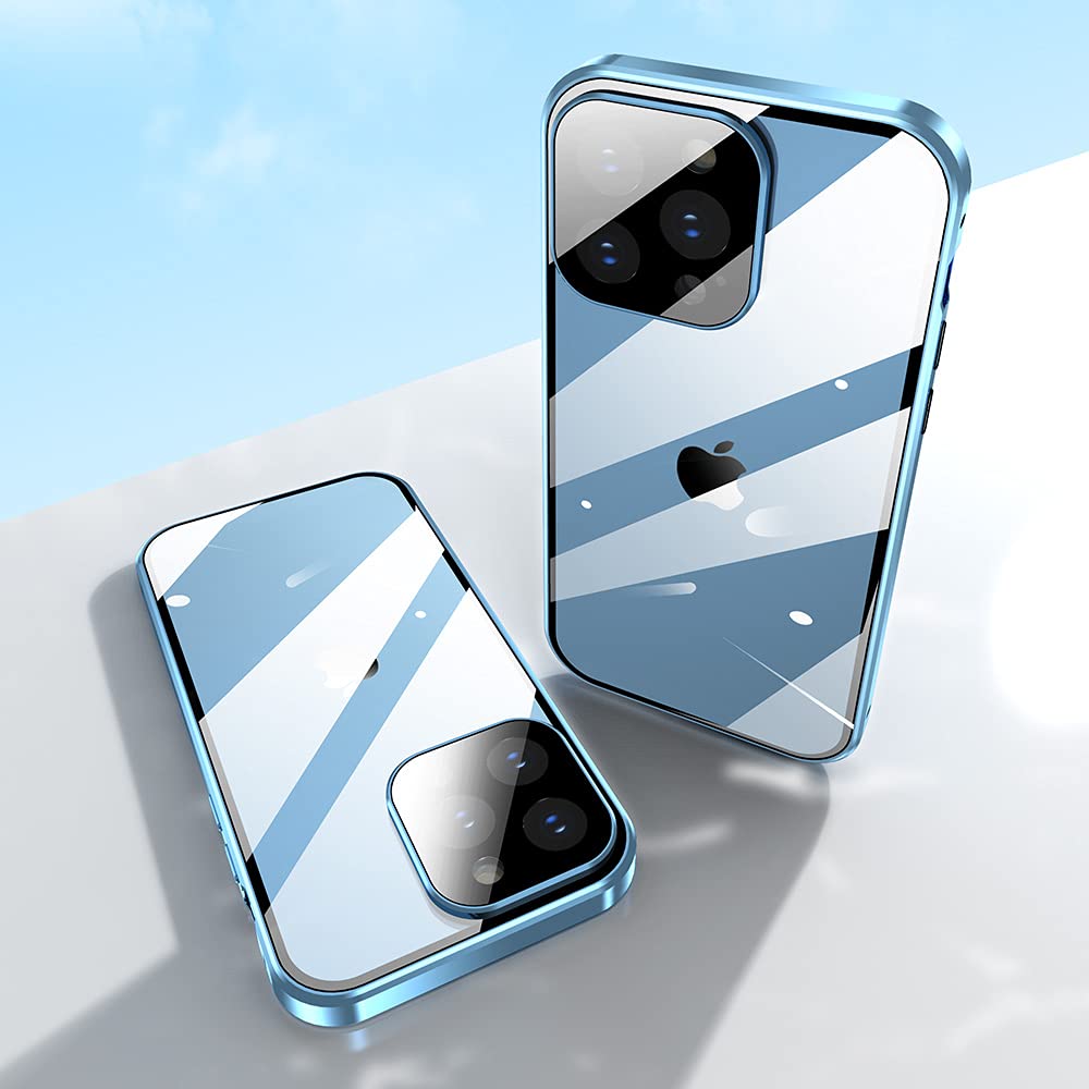 Premium iPhone 13 Case with Safety Lock & Strong Magnetic Adsorption - 360° Full Body Protection, Metal Bumper & Double-Sided Tempered Glass Camera Lens Protector (Blue) | Perfect for Outdoor Adventures, Work & Daily Use