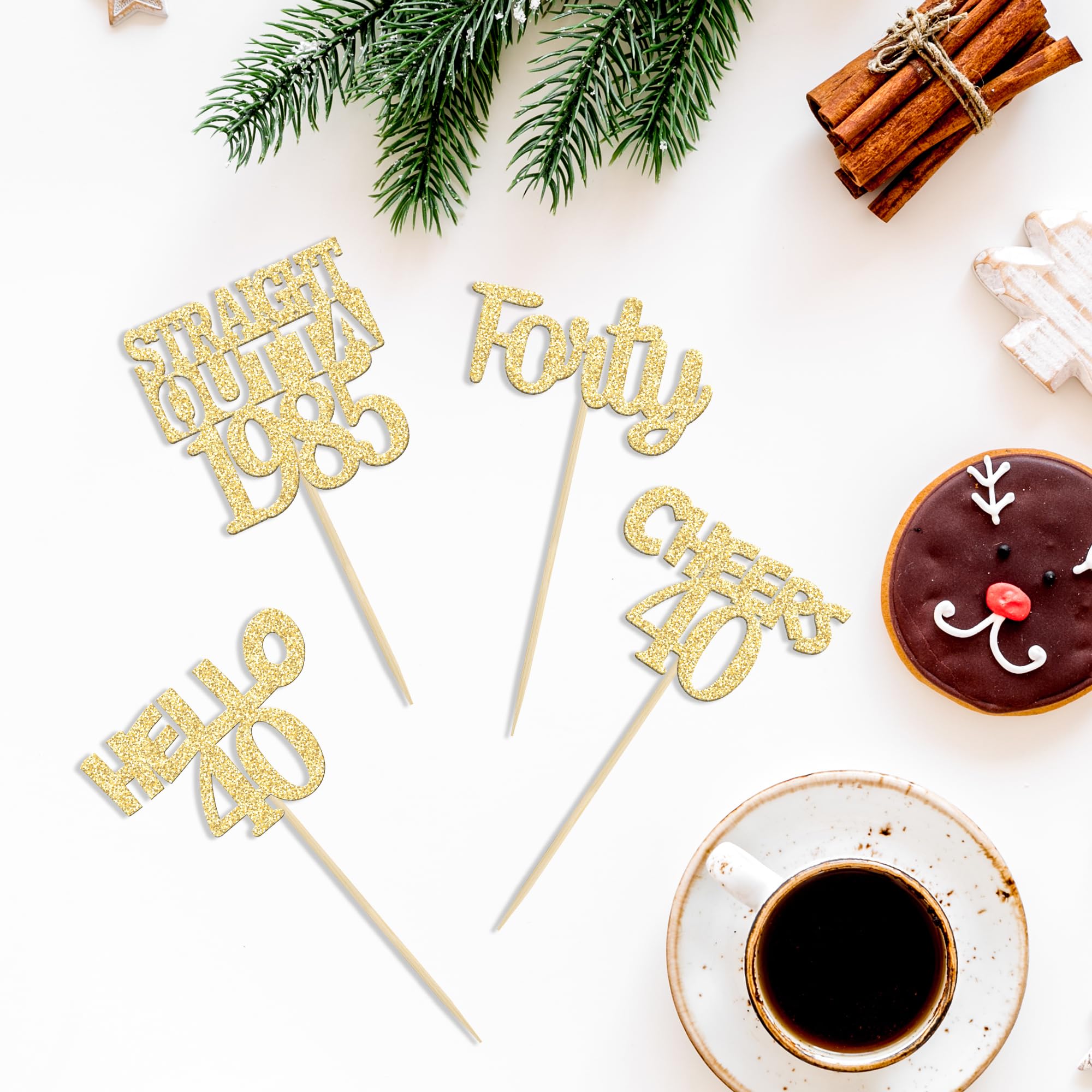 Gyufise 24 Pack 40th Birthday Cupcake Toppers - Gold Glitter 'Forty Straight Outta 1985' & 'Hello 40' Cake Decorations for Anniversary Parties - Cheers to 40 Years Celebration Supplies (Perfect for Milestone Birthdays, Retirement Parties & Decadent Dessert Displays)