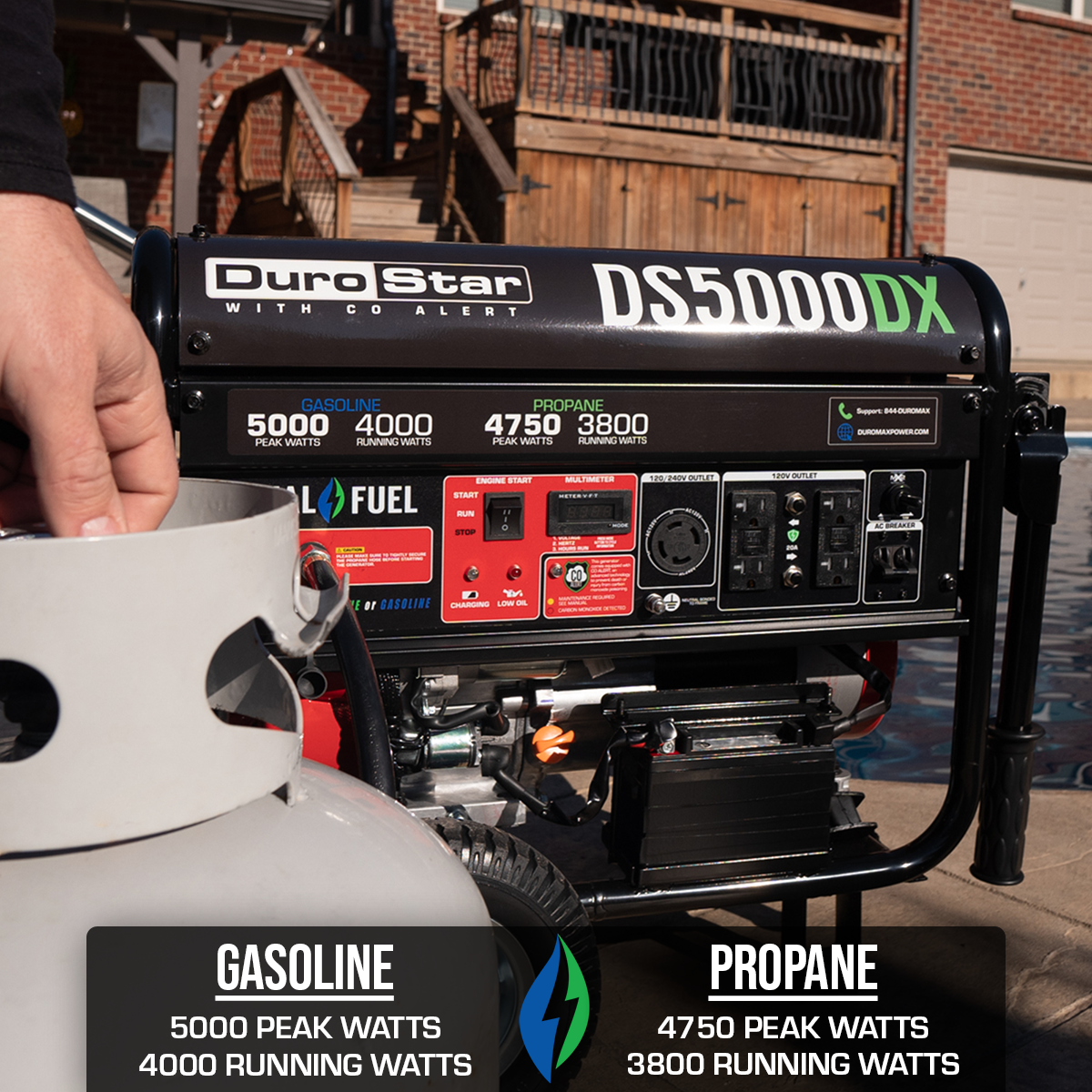 5,000 Watt Dual Fuel Portable Generator with CO Alert - Reliable Backup Power for Camping, Emergencies & Home Use
