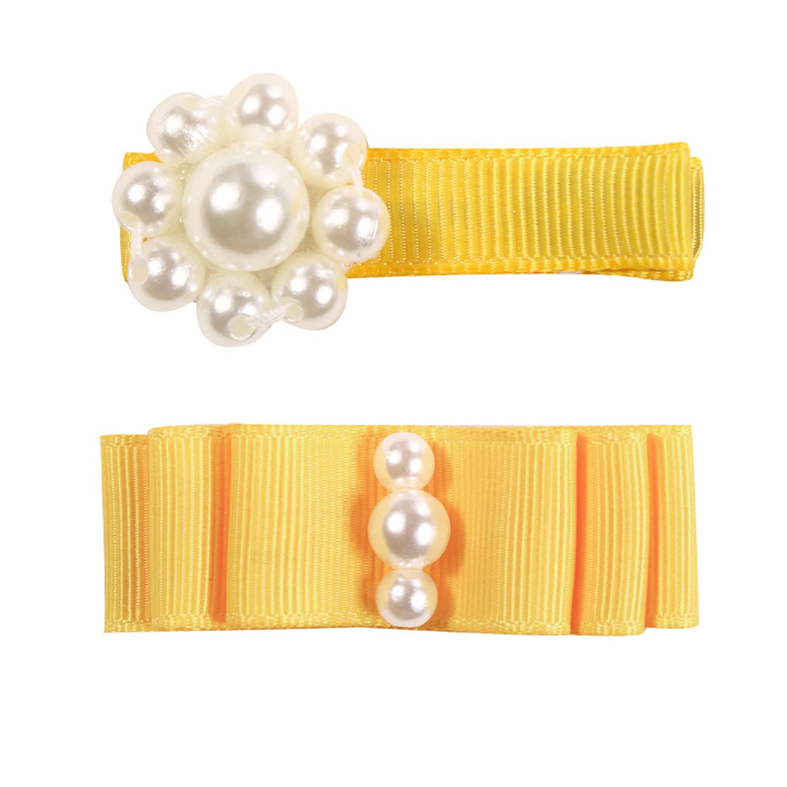 AxiBa 2PC Grosgrain Hair Clips for Toddler Girls - Pearl Ribbon Baby Hair Accessories (Yellow, One Size) - Perfect for Birthday Parties, Photo Shoots & Daily Wear