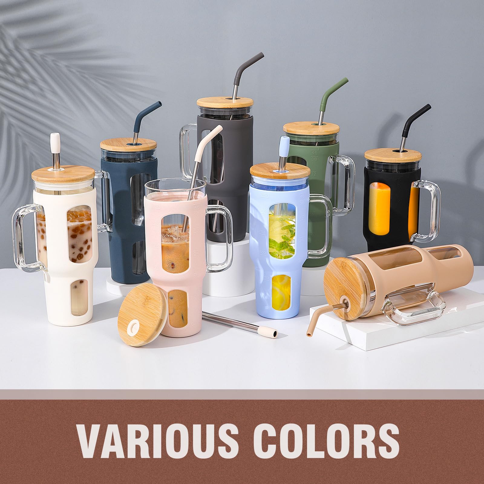 46 oz Glass Tumbler with Lid & Straw - BPA Free Iced Coffee Cup with Handle & Silicone Sleeve - Reusable Water Bottle for Home, Office, Gym - Includes Pearl Straw & Drinking Straw (Amber)
