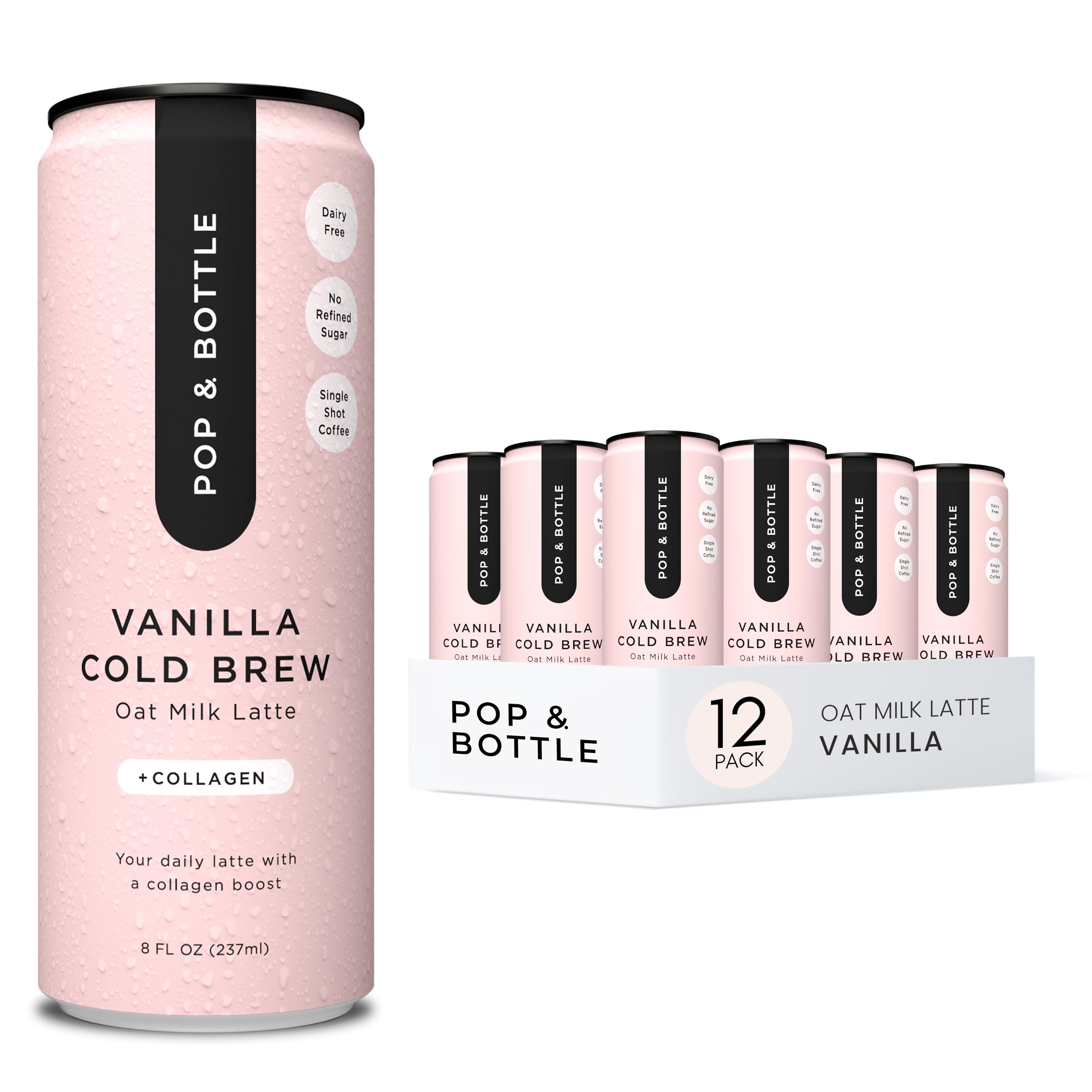 Organic Oat Milk Lattes with Marine Collagen & MCT Oil - Dairy Free, Gluten Free, Lightly Sweetened with Dates - Vanilla Flavor Cold Brew Coffee, 8 Fl Oz (12 Pack) - Perfect for Iced Coffee, Breakfast, On-the-Go Snacks & Post-Workout Recovery