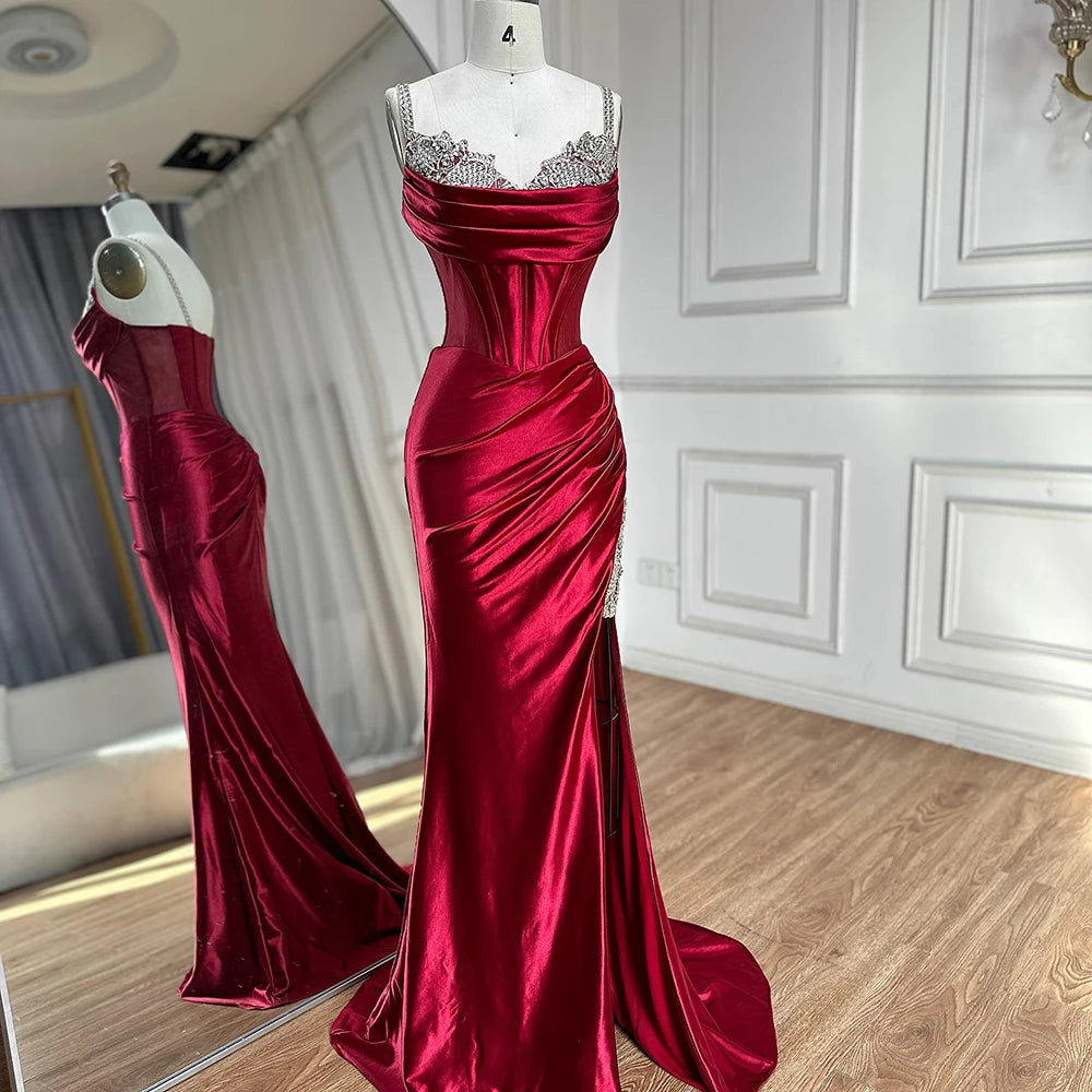 Elegant Dubai Saudi Arabic Wine Red Satin Evening Dress with Spaghetti Straps & High Slit - Formal Gown for Prom, Wedding & Special Occasions - LA72776