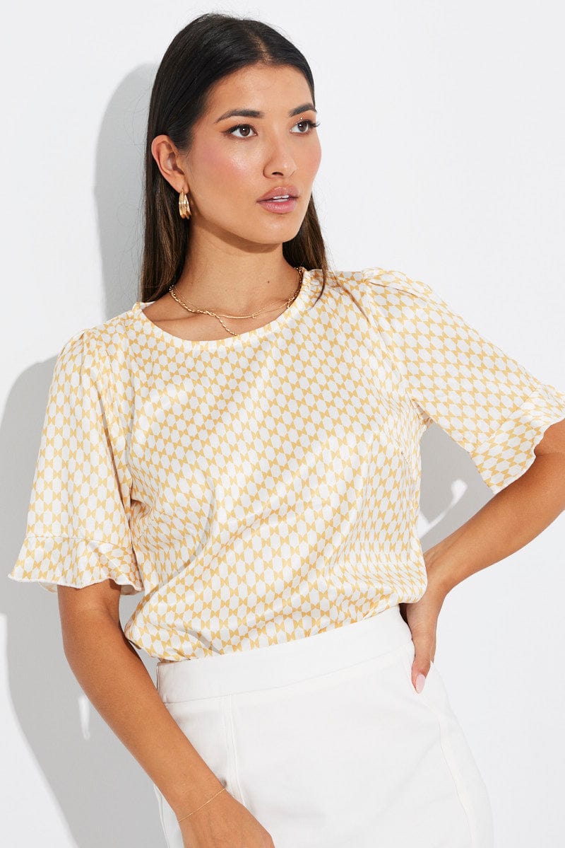 Beige Geometric Print Short Sleeve Tops for Women - Casual Summer Blouse for Outfits & Beach Wear