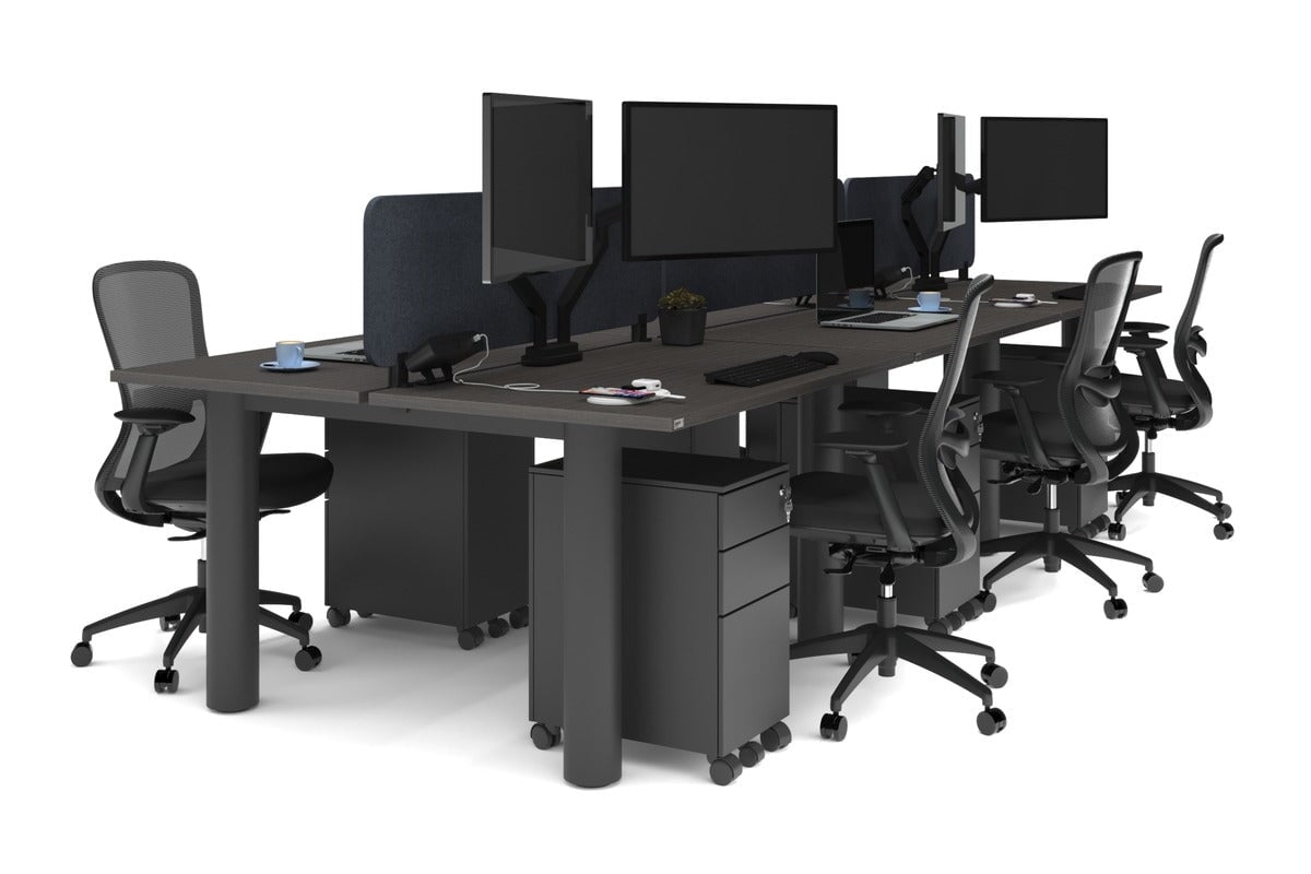 Quadro Cylinder Leg 6-Person Office Workstation Desk - 1400L x 800W with Cable Management Scallop - Modern Open Office Layout, Team Collaboration Space, Shared Workspace Solution